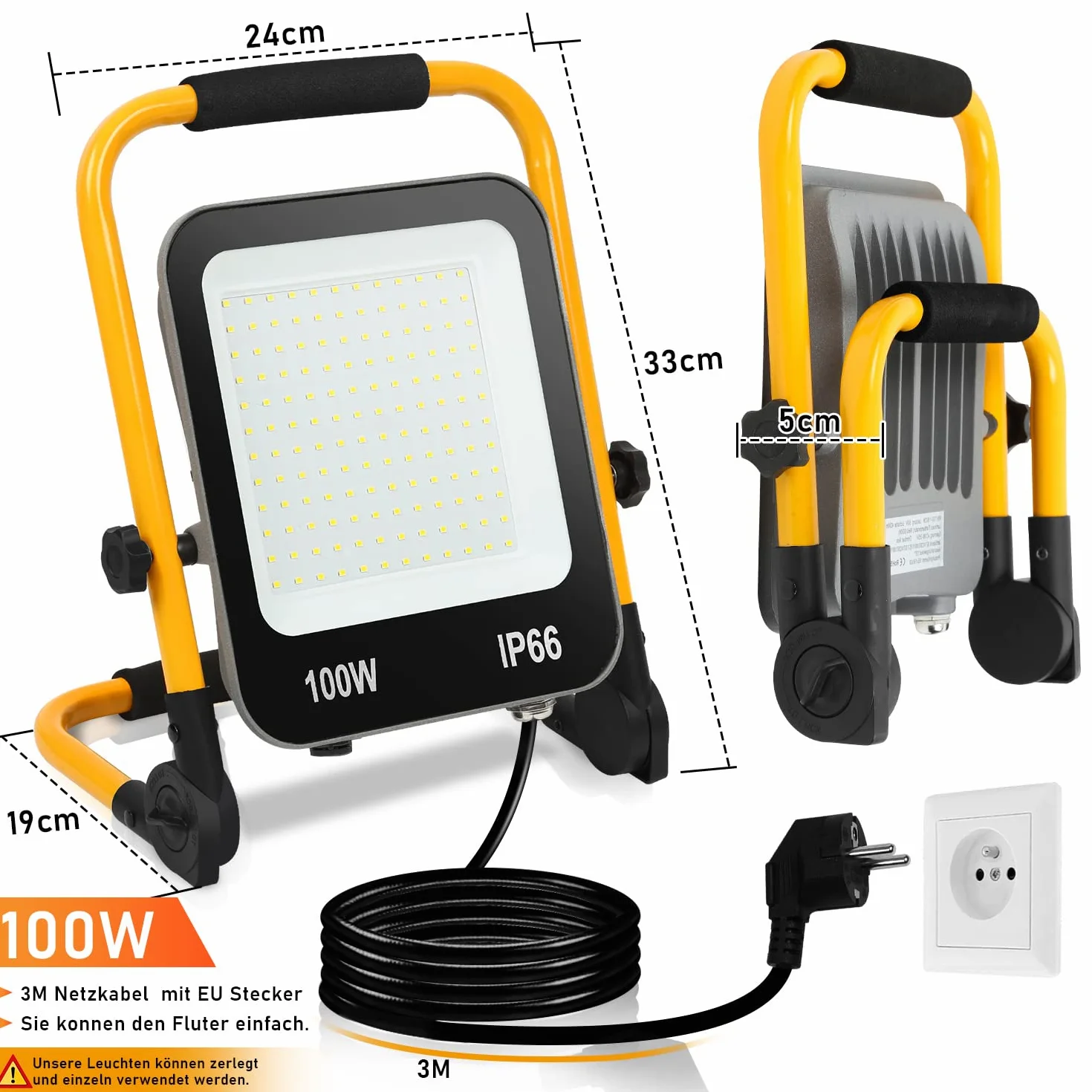 Ikodm Reflektor budowlany LED, 2 x 100 W, przenośny reflektor, 10000 lm, 6000 K, zimna biel, reflektor budowlany, lampa robocza IP66, kabel M i składany stojak do warsztatu (z wtyczką)