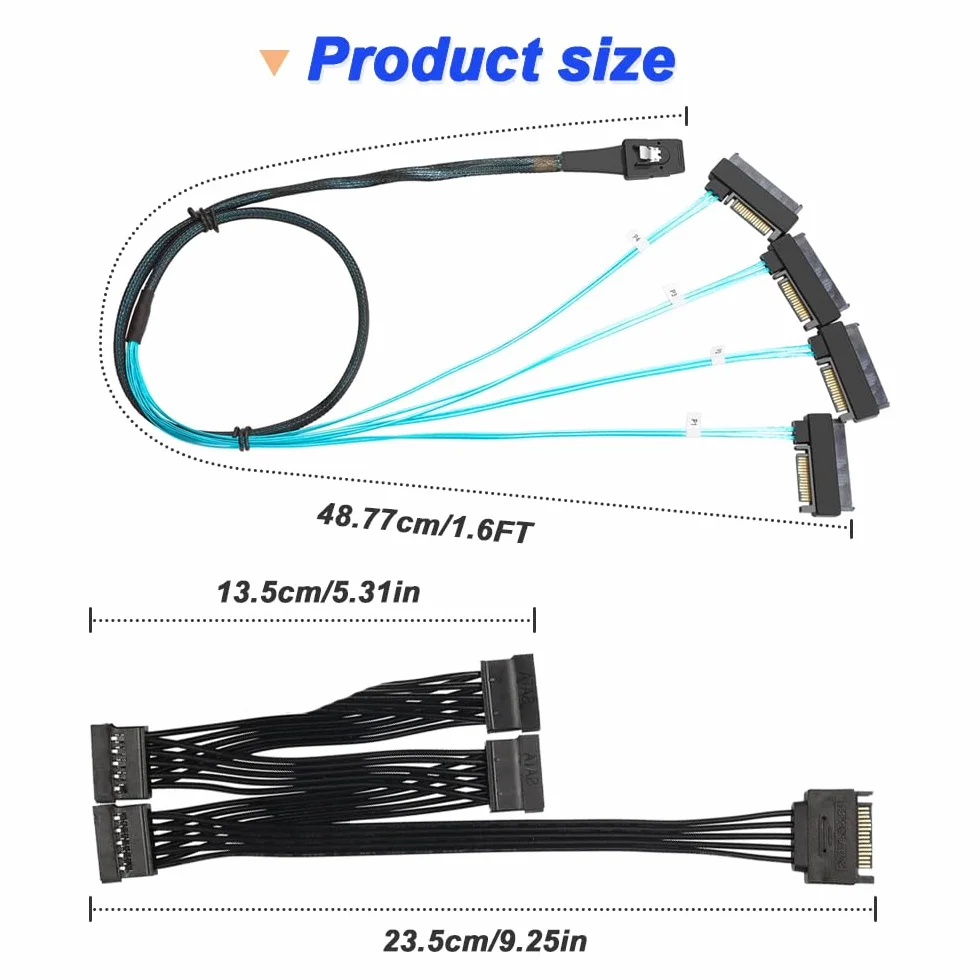 Xiatiaosann Kabel Mini SAS do SAS, 36 pinów SFF-8087 Host do SAS SFF8087 do SFF-8482 wtyczka 4 x SAS 29 Pin z kablem SATA Power Splitter z kablem SATA Power Splitter (50 cm/1,64 FT)