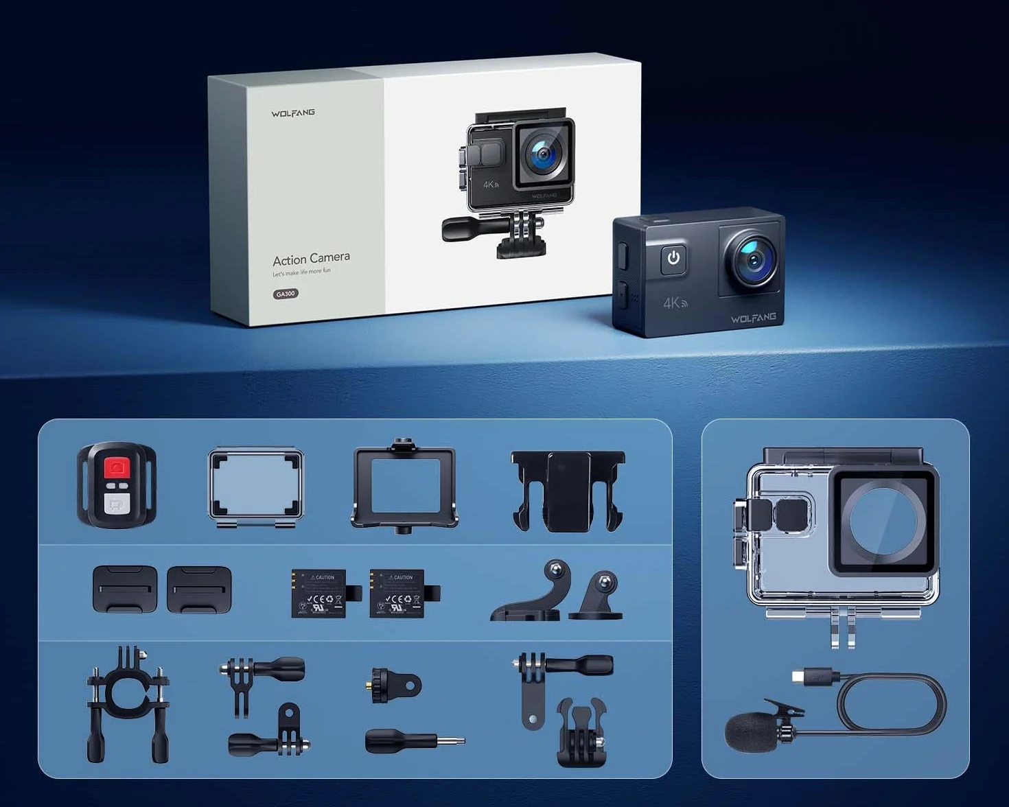 Kamera akcji WOLFANG 4K 60FPS, kamera podwodna GA300 20MP WiFi, wodoodporna kamera na kask 40M z ekranem dotykowym Zoom 8X 6-AXIS EIS (mikrofon zewnętrzny, pilot baterie 2x1350mAh i zestaw akcesoriów)