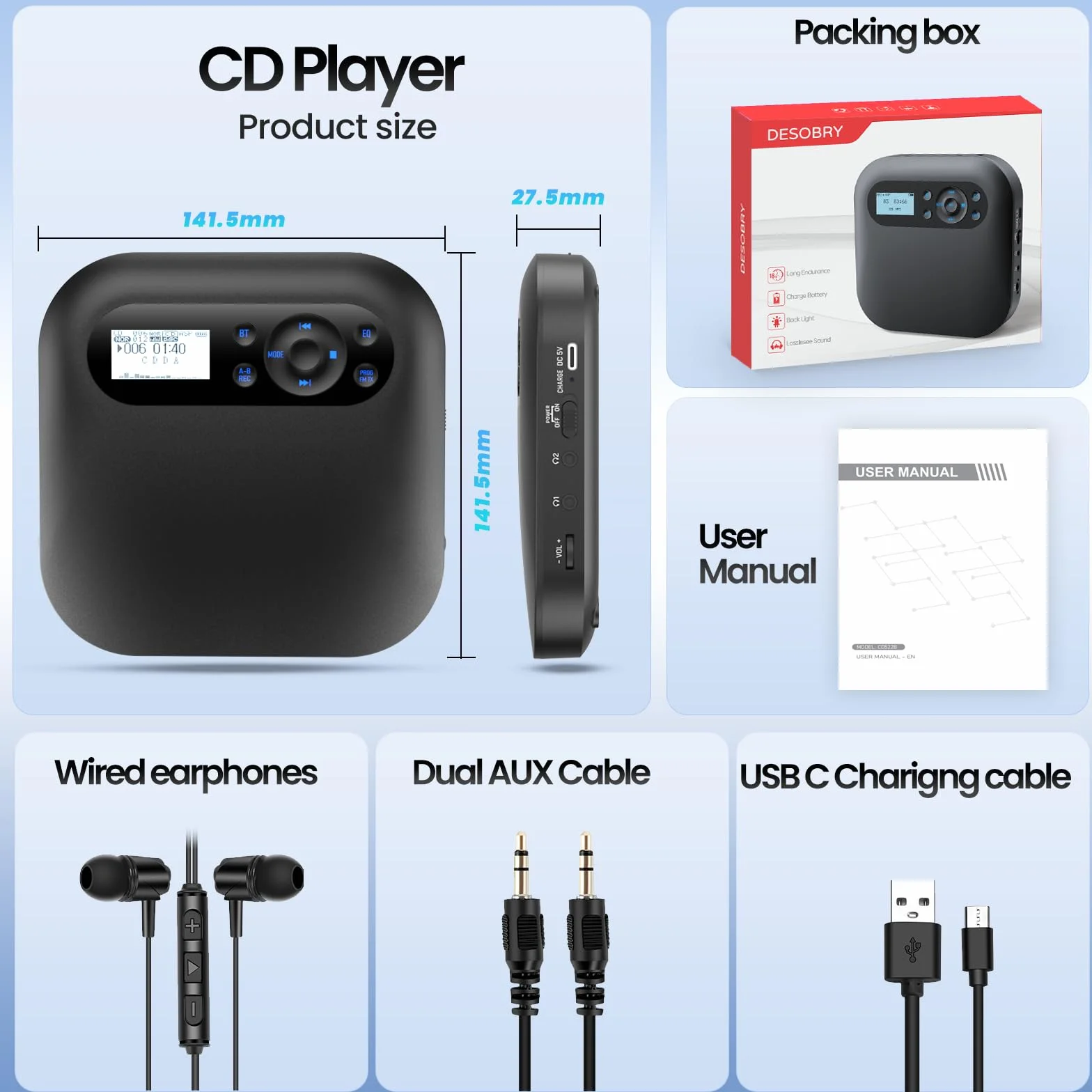 Przenośny odtwarzacz CD Bluetooth Discman do samochodu z FM, Anti-Skip, Dwa głośniki stereo
