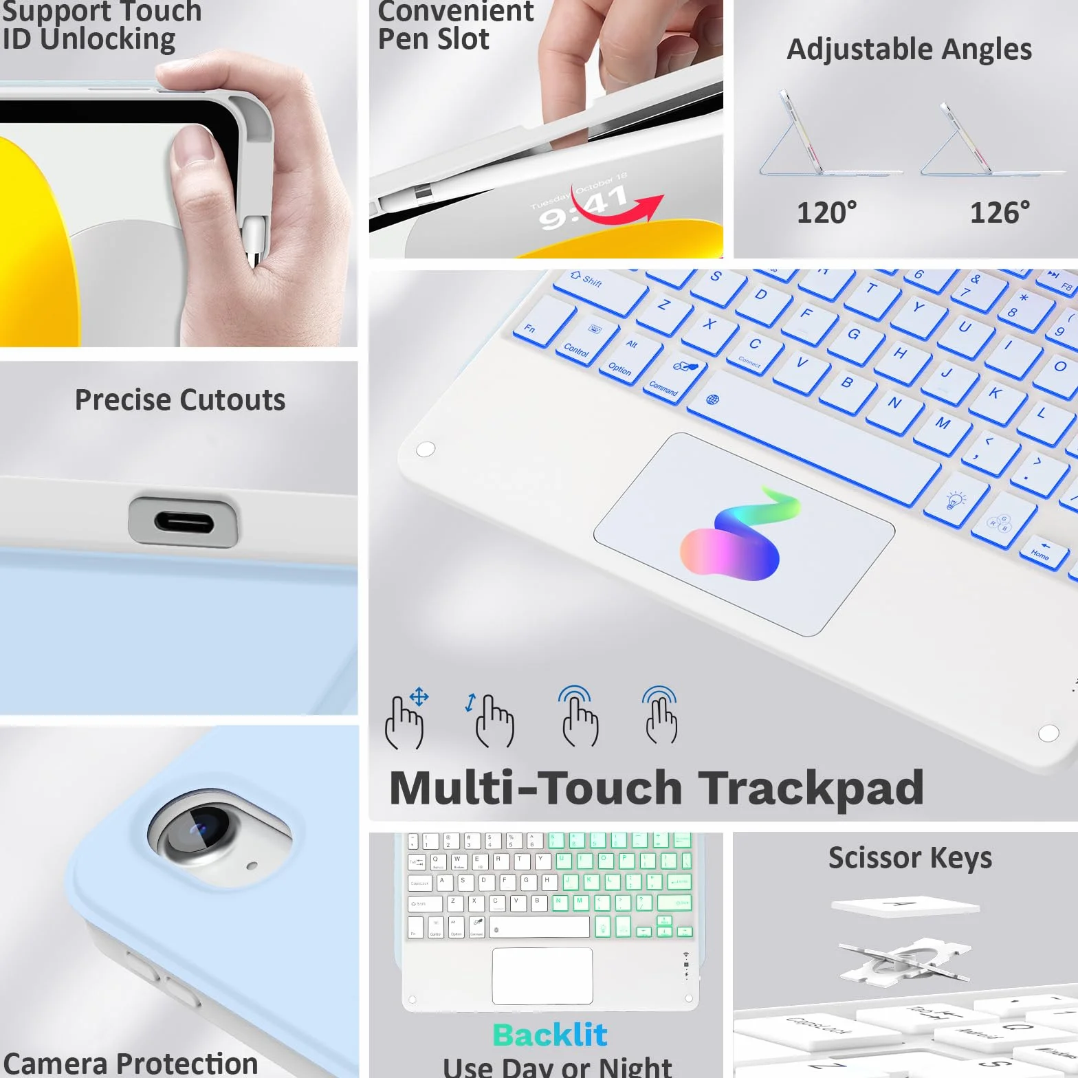 MoKo iPad 11th/10th Generation Case with Keyboard 2025/2024, 7 Colors Backlight & Multi-Touch Trackpad, Detachable Keyboard Folio Stand Cover with Pencil Holder, Sky Blue