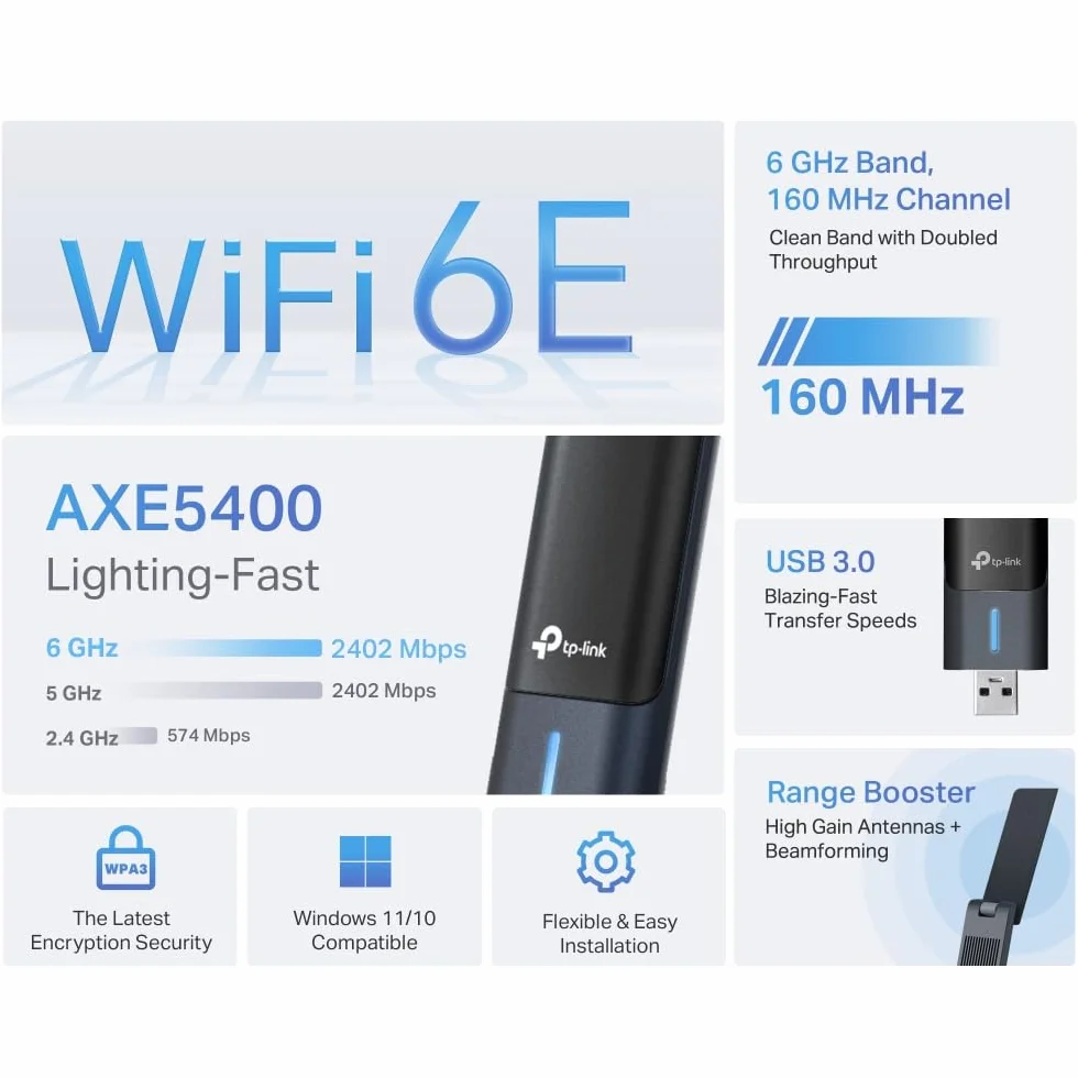 TP-Link Archer TXE70UH – Adapter PCIe Wi-Fi 6E (AXE5400), 2402 Mb/s (6 GHz) + 2402 Mb/s (5 GHz) + 574 Mb/s (2,4 GHz), Bluetooth 5.0, WPA3, Kompatybilny z Windows 10/11