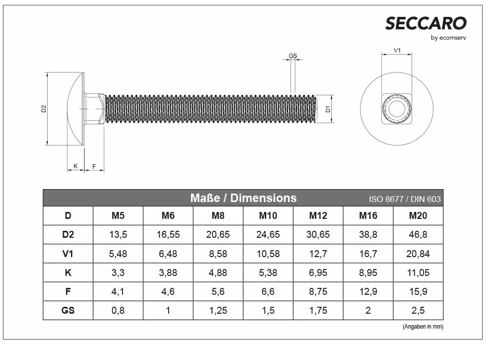 Sruba zamkowa SECCARO M8 x 40 mm, stal nierdzewna V2A VA A2, DIN 603 / ISO 8677, leb kratownicy z szyjka kwadratowa, 20 sztuk