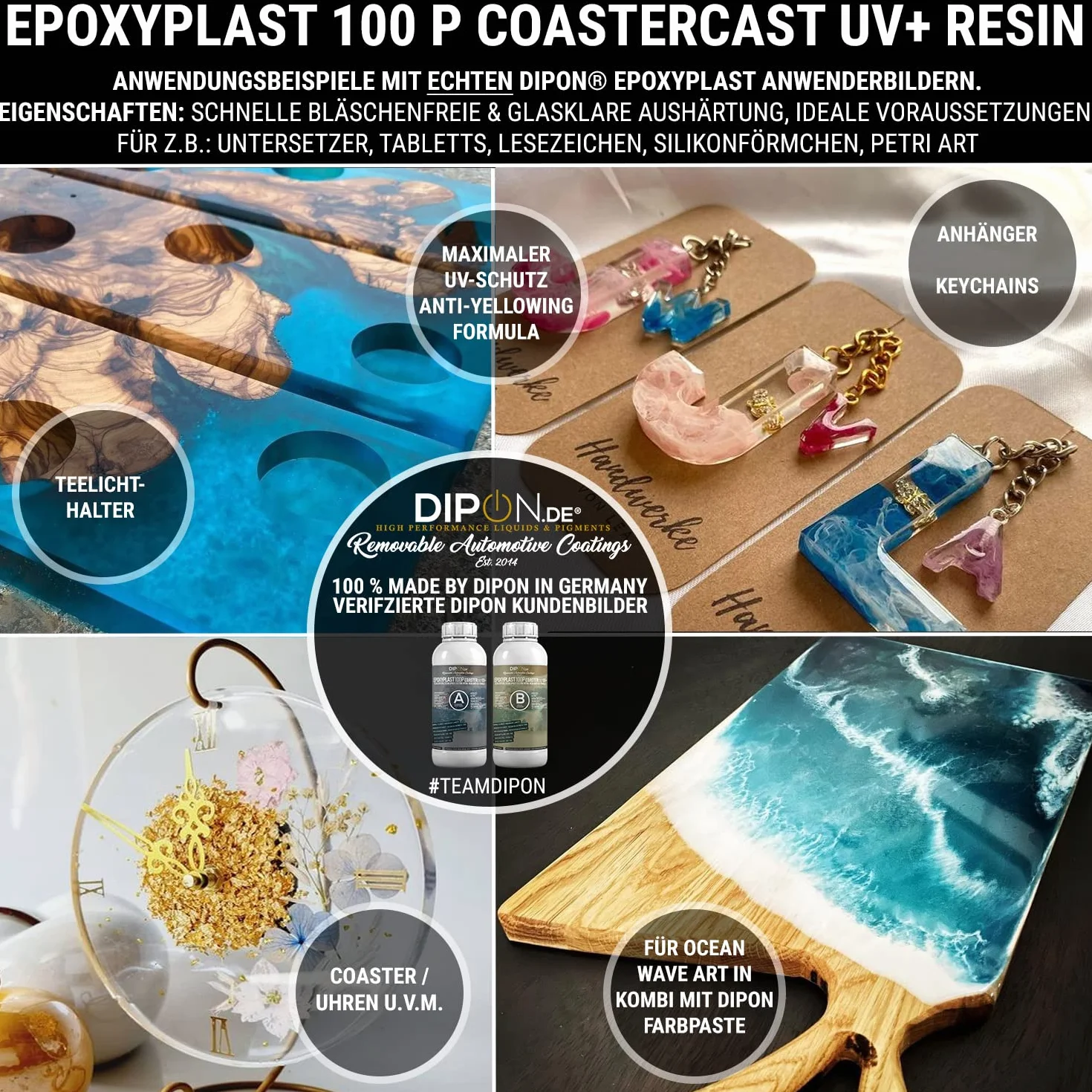 Żywica epoksydowa EpoxyPlast 100P CoasterCast UV+ 15,0 kg, bezbarwna i bez pęcherzyków powietrza, maksymalna ochrona przed promieniowaniem UV, nie zawiera BPA, nietoksyczna, nadaje się do podstawek z