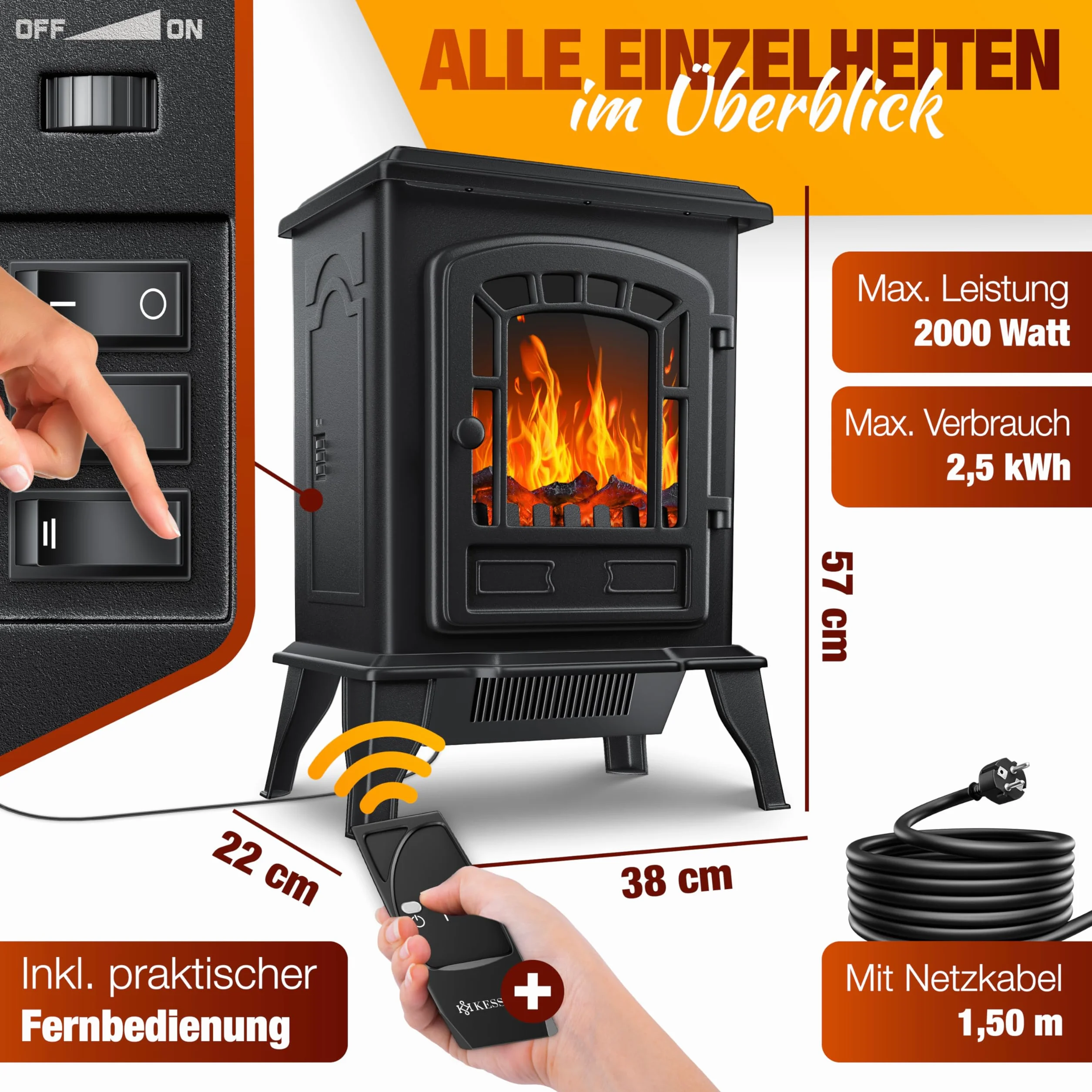 KESSER® Kominek elektryczny 2000 W z termowentylatorem, LED efekt płomienia, czarny