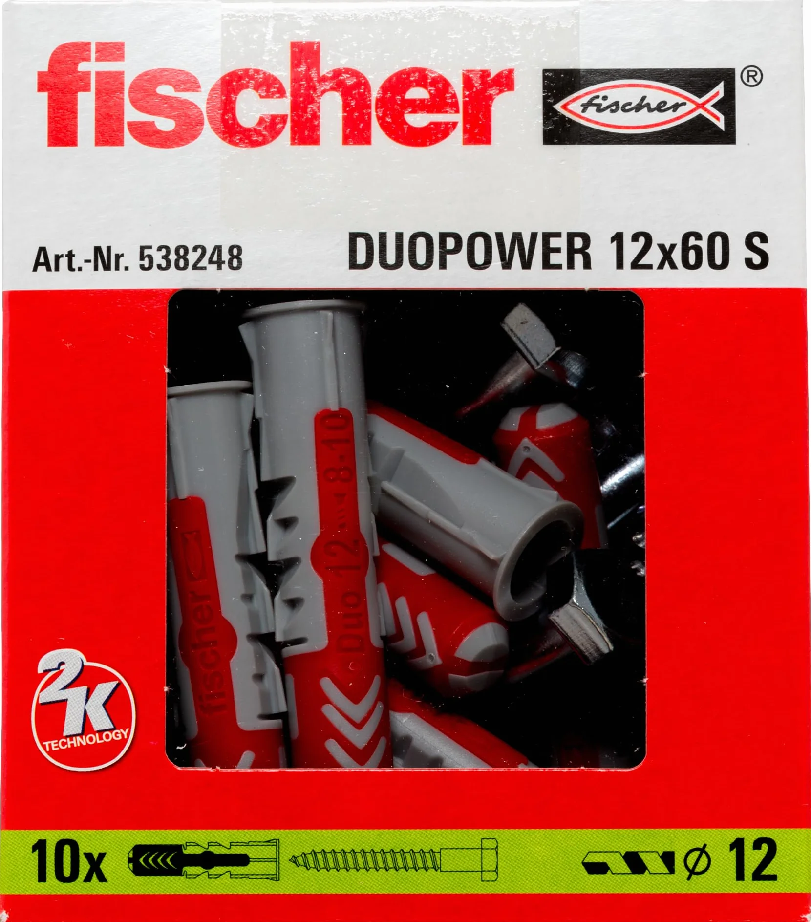 fischer DUOPOWER 12 x 60 S, uniwersalne kołki rozporowe ze śrubą zabezpieczającą, kołek 2-komponentowy, kołek z tworzywa sztucznego do mocowania w betonie, cegłach, kamieniu i wielu innych, 10 kołków rozporowych + 10 śrub