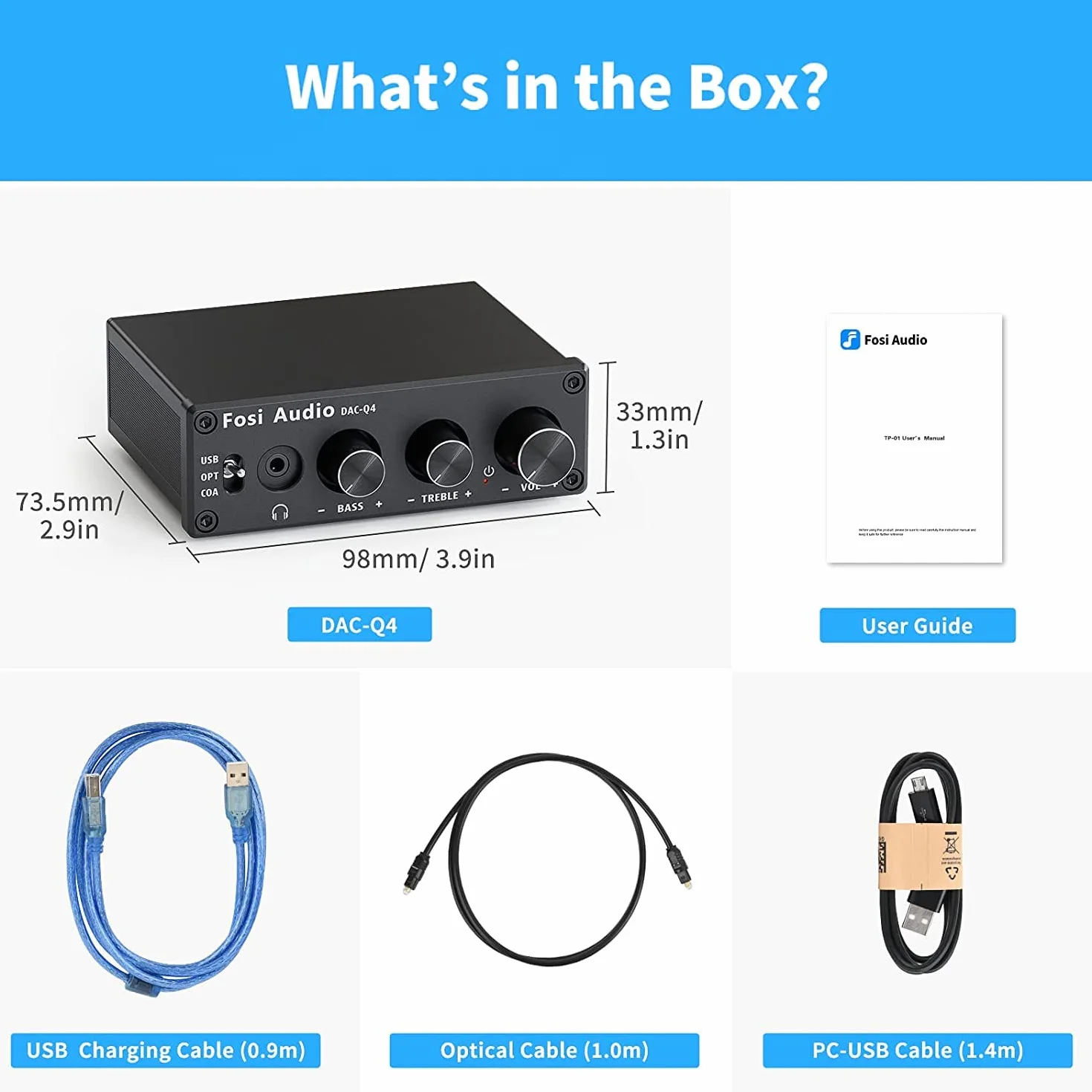 Fosi Audio Q4 Wzmacniacz Słuchawkowy DAC, Mini Stereofoniczny Wzmacniacz Cyfrowo-Analogowy, USB COAX OPT do 3,5 mm Gniazda AUX RCA, do Aktywnych Głośników Zasilanych z Komputera Stacjonarnego