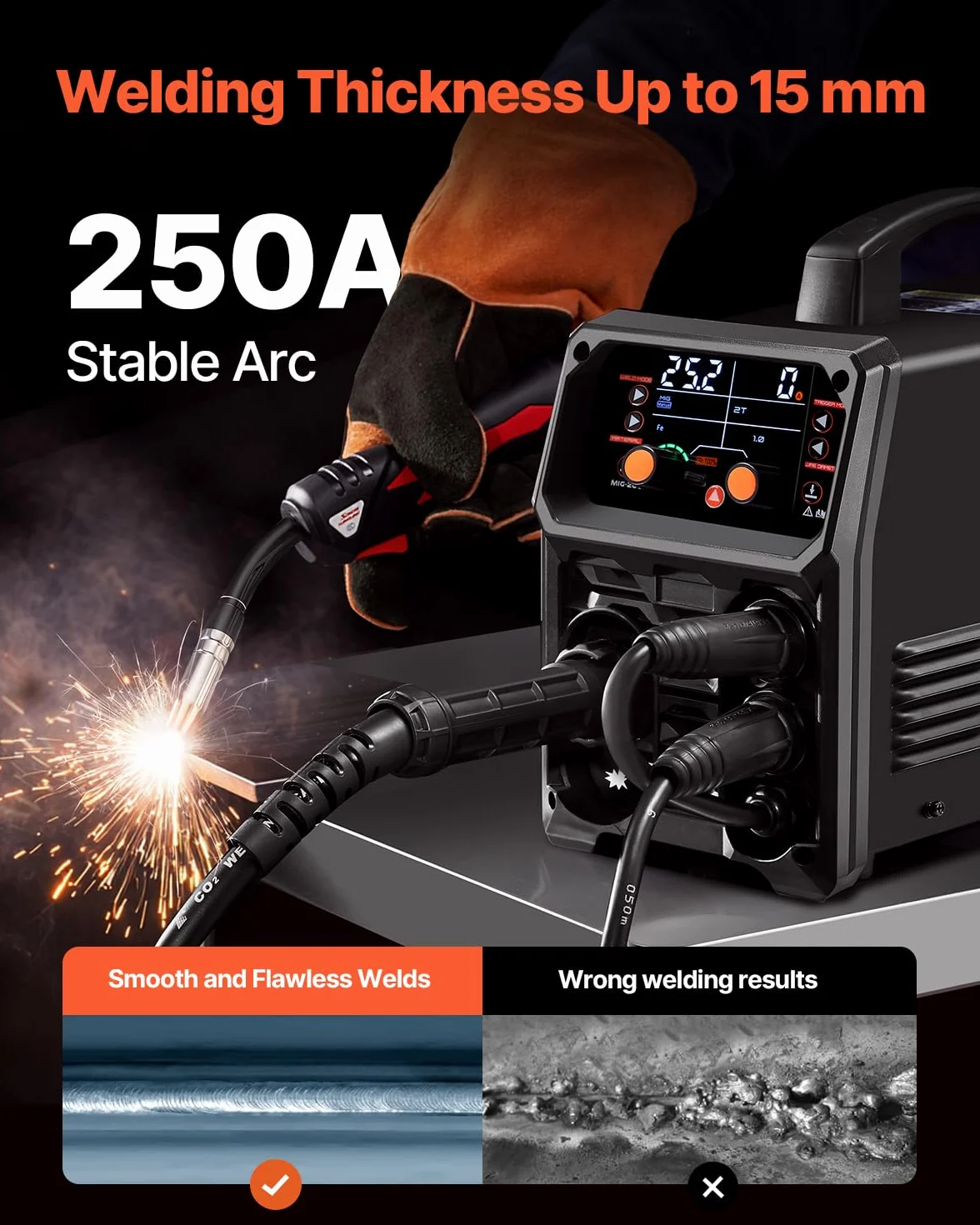 VEVOR Spawarka MIG, 250 A, spawarka synergiczna, przenośna spawarka gazowa MIG, bezgazowa, MMA, 5 w 1, z technologią Inverter IGBT, wyświetlacz LCD, latarka podnosząca TIG nie wchodzi w zakres dostawy