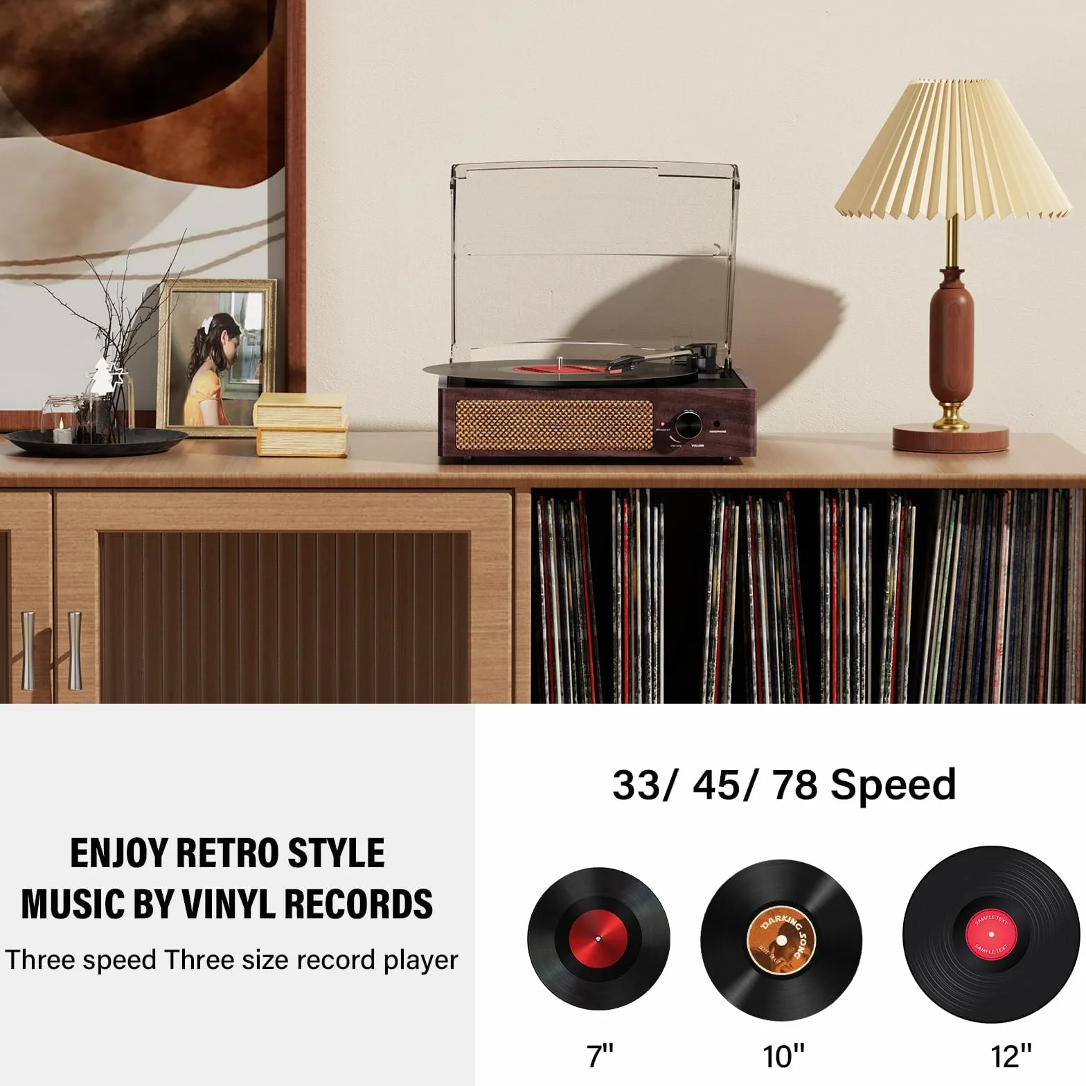 Przenośny gramofon Bluetooth Trzy Prędkość (33 1/3, 45 I 78 RP), Vintage Winyl Gramofon z wbudowanymi głośnikami Stereo, obsługuje wyjście RCA/gniazdo słuchawkowe Brązowy