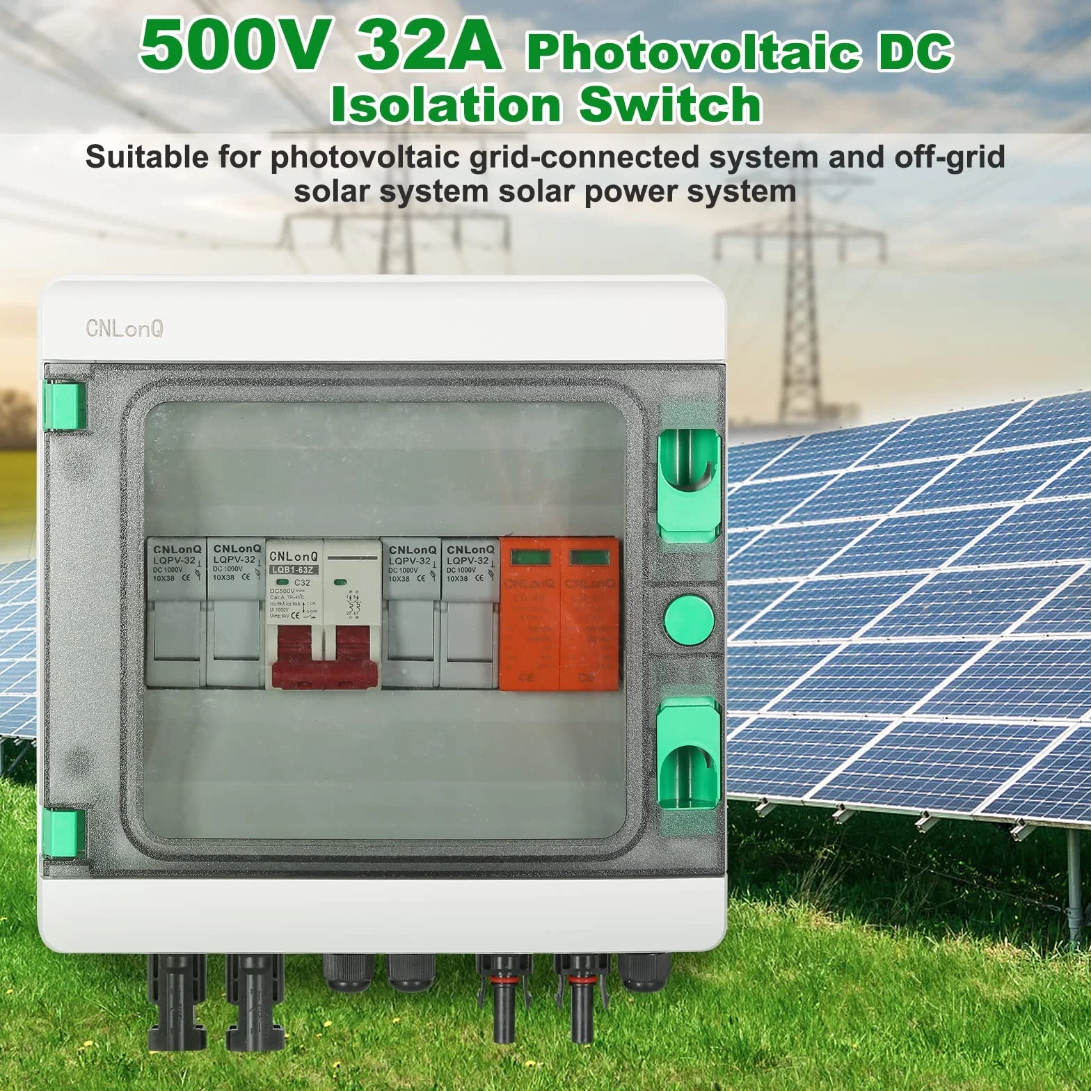 DEWIN Skrzynka łącząca PV 2 łańcucha, 500V 32A PV Wyłącznik DC Ochrona przeciwprzepięciowa 2 łańcucha 2 wejścia 1 wyjście wodoodporna skrzynka przyłączeniowa do instalacji PV