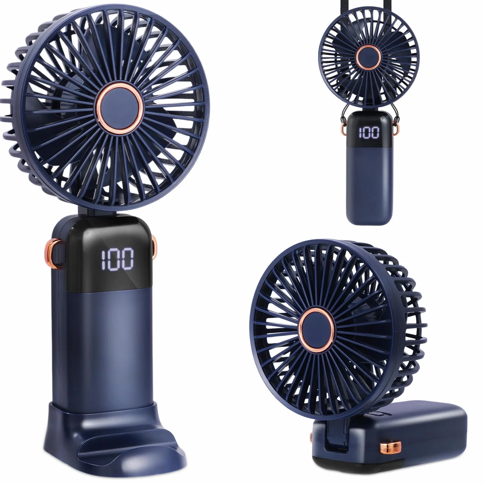 CNMTCCO Wentylator ręczny, przenośny, cichy mini wentylator, ładowany przez USB, składany wentylator z 5 stopniami prędkości, mały wentylator kieszonkowy, z cokołem i paskiem do zawieszenia, do