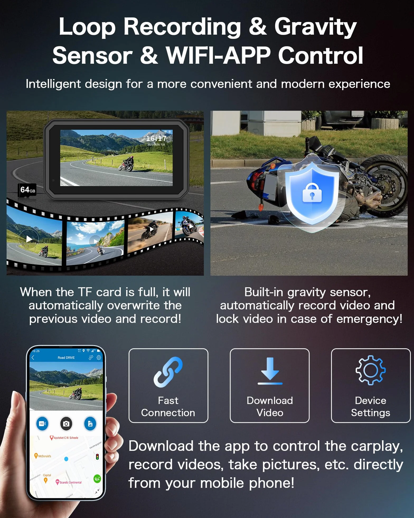 Kamera samochodowa 4K CarPlay z systemem Android, 6,25", nawigacja motocyklowa, wodoszczelność IP67, nawigacja GPS, do motocykli, Dual Bluetooth, Siri/G-Oogle Assistant, karta 64 GB