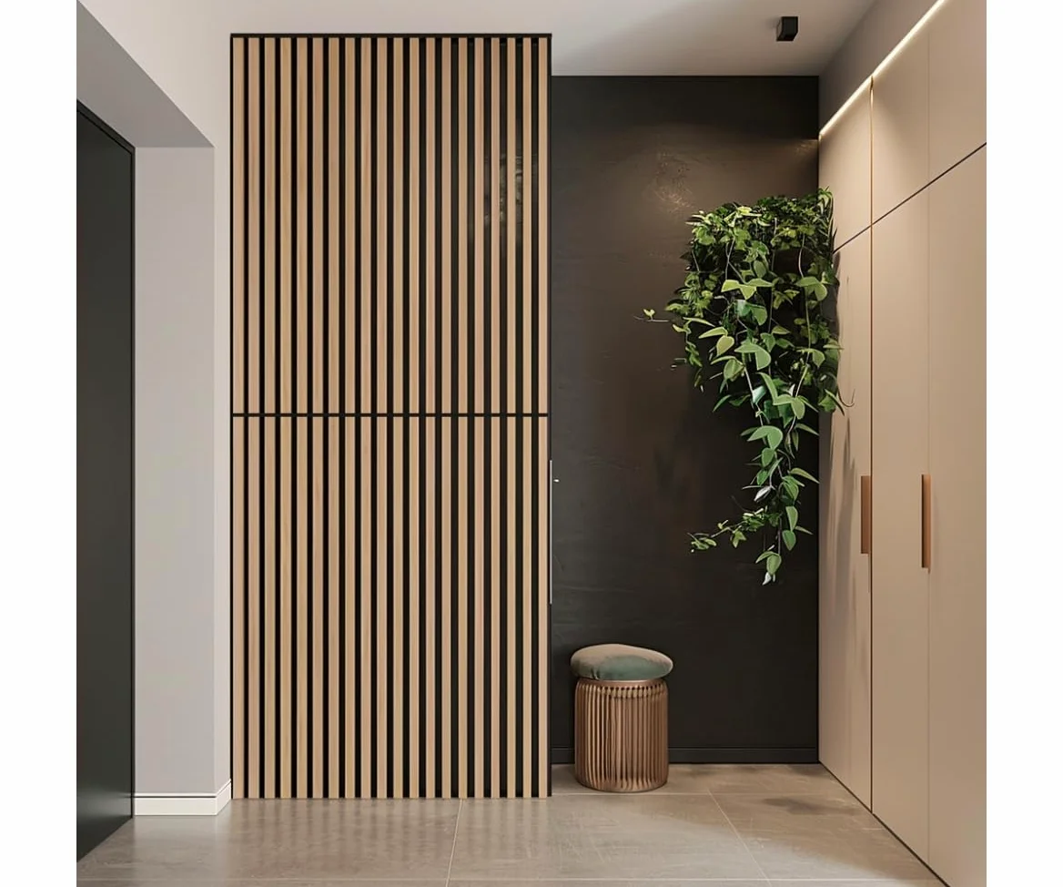 Zestaw 4 Sztuk Akustycznych Paneli Ściennych Na Czarnym Filcu 30x132 cm Czarny Mat 3D Panele Dekoracyjne Wykończenie MDF W Okleinie Drewnopodobnej I Filc Akustyczny