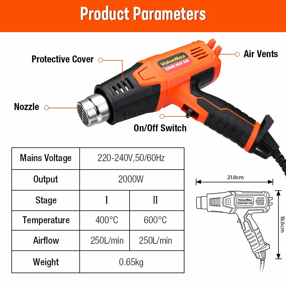 Valuemax Pistolet na gorące powietrze, 2000 W, szybkie nagrzewanie, z podwójną regulacją temperatury i 4 dyszami, ochrona przed przeciążeniem