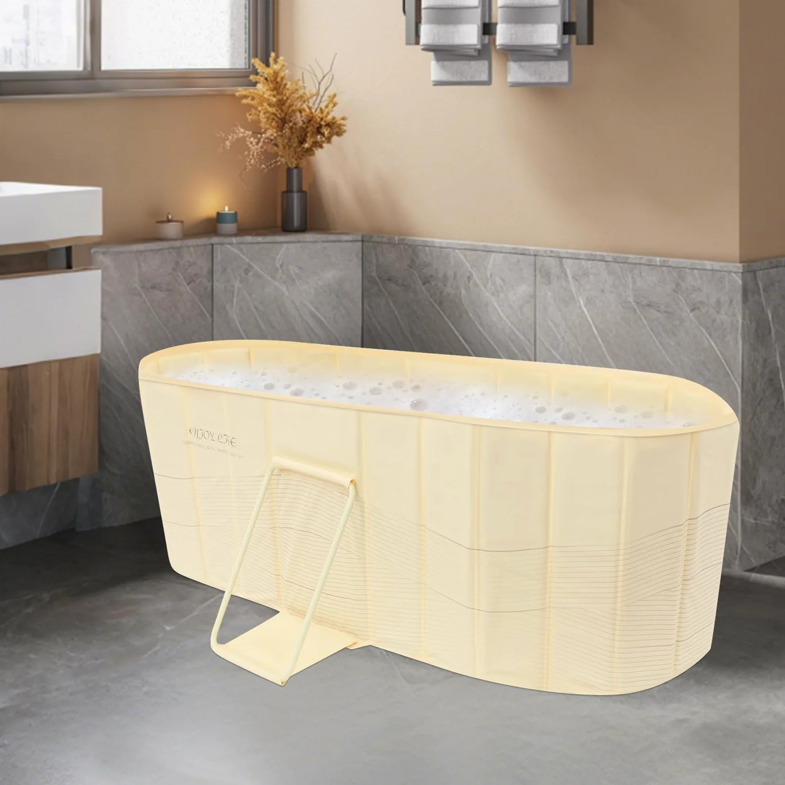 Przenośna składana wanna dla dorosłych do domowego SPA, sauny i prysznica ze śrubą spustową i wężem, do 100 kg, do 175 cm, 150 x 55 x 50 cm (żółta)