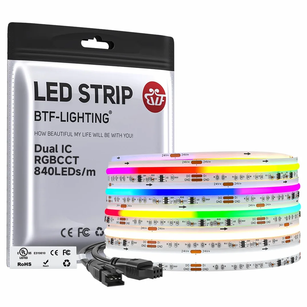 BTF-LIGHTING FCOB COB RGBCCT SPI taśma LED adresowalna podwójna IC ściemniana RGB+CCT Dream Color Tunable White 3000K-6000K elastyczna taśma LED 5M 840LEDs/m DC24V IP30 biała płytka drukowana do