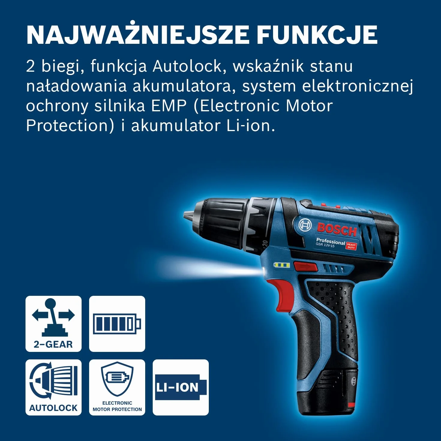 System profesjonalny 12 V firmy Bosch: wiertarko-wkrętarka akumulatorowa GSR 12V-15 (bez akumulatorów i ładowarki, opakowanie kartonowe)