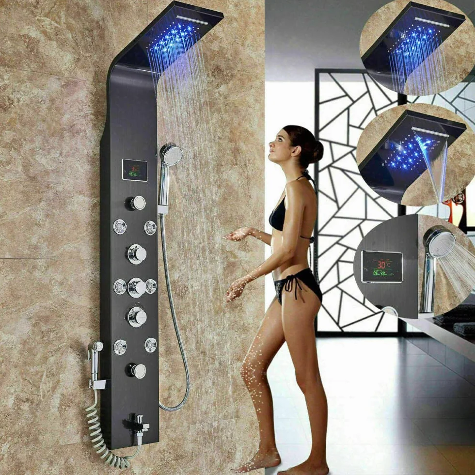 Panel LED System kolumny prysznicowej z deszczownicą z dyszą do masażu ze stali nierdzewnej i szczotkowanego niklu (czarny c)