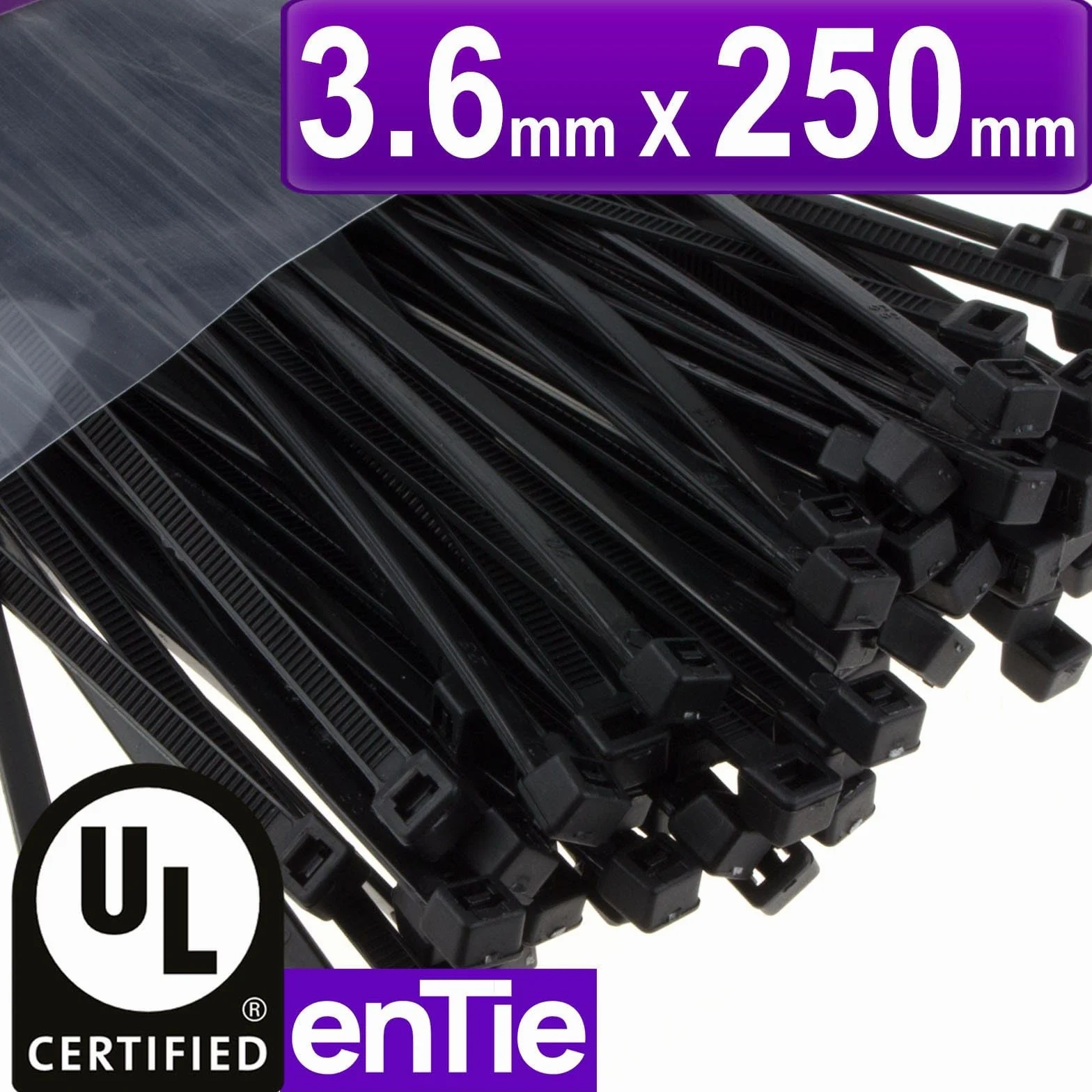 enTie Czarny kabel wiązany 3,6 mm x 250 mm nylon 66 UL certyfikat [100 opakowanie] [250 mm x 3,6 mm]
