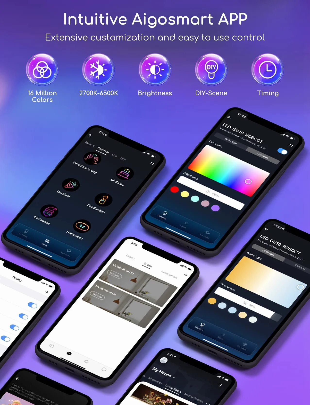 Żarówka LED Aigostar Wifi GU10 Smart Light Bulb 7W 555LM, Alexa Light Bulb RGB i 2700K-6500K, ściemnialna, połączona, WiFi, kompatybilna z Google Home/Alexa, 4 sztuk