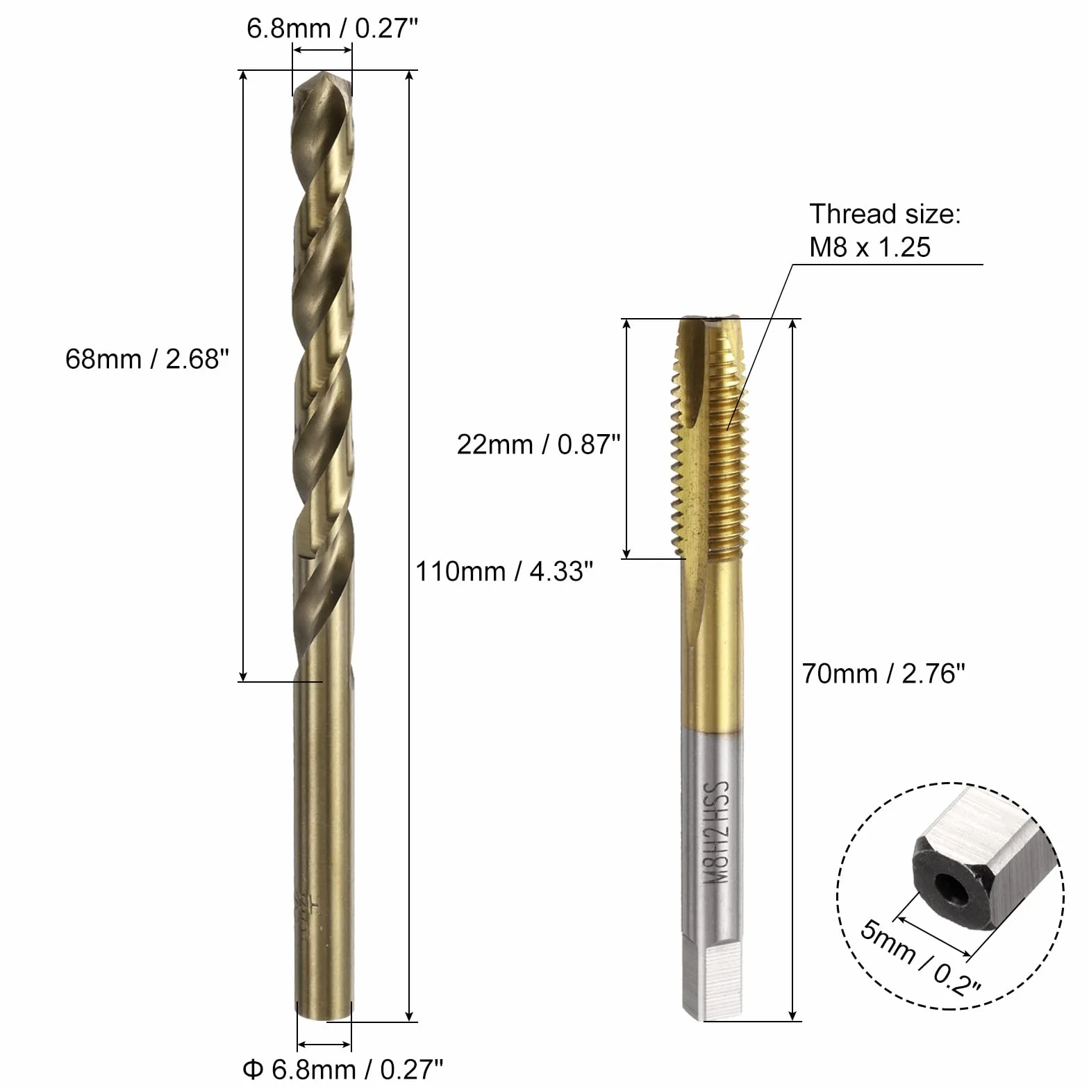 Zestaw gwintowników i wierteł metrycznych, 2 szt. gwintowników spiralnych M8 x 1,25 powlekanych tytanem i 2 szt. wierteł krętych 6,8 mm w kolorze żółtym, narzędzia do gwintowania śrub