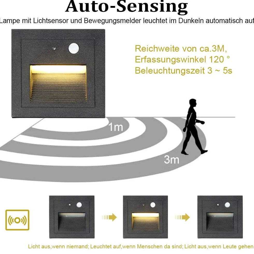 Oświetlenie schodów LED, 4 sztuki, do wbudowania w ścianę, aluminium, 3 W, 230 V, ciepła biel, oświetlenie schodów, oświetlenie zewnętrzne z czujnikiem ruchu, lampa ścienna, oświetlenie