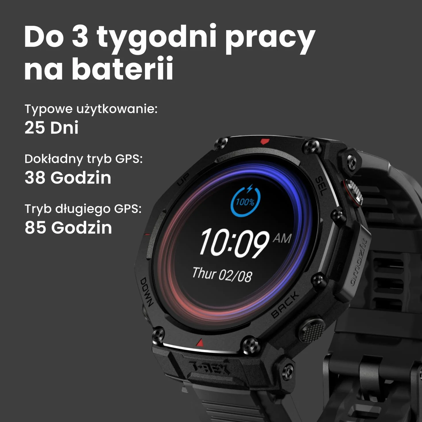 Amazfit T-Rex 3 Pro Smartwatch 48mm Czarny AMOLED GPS Dual Band 10 ATM