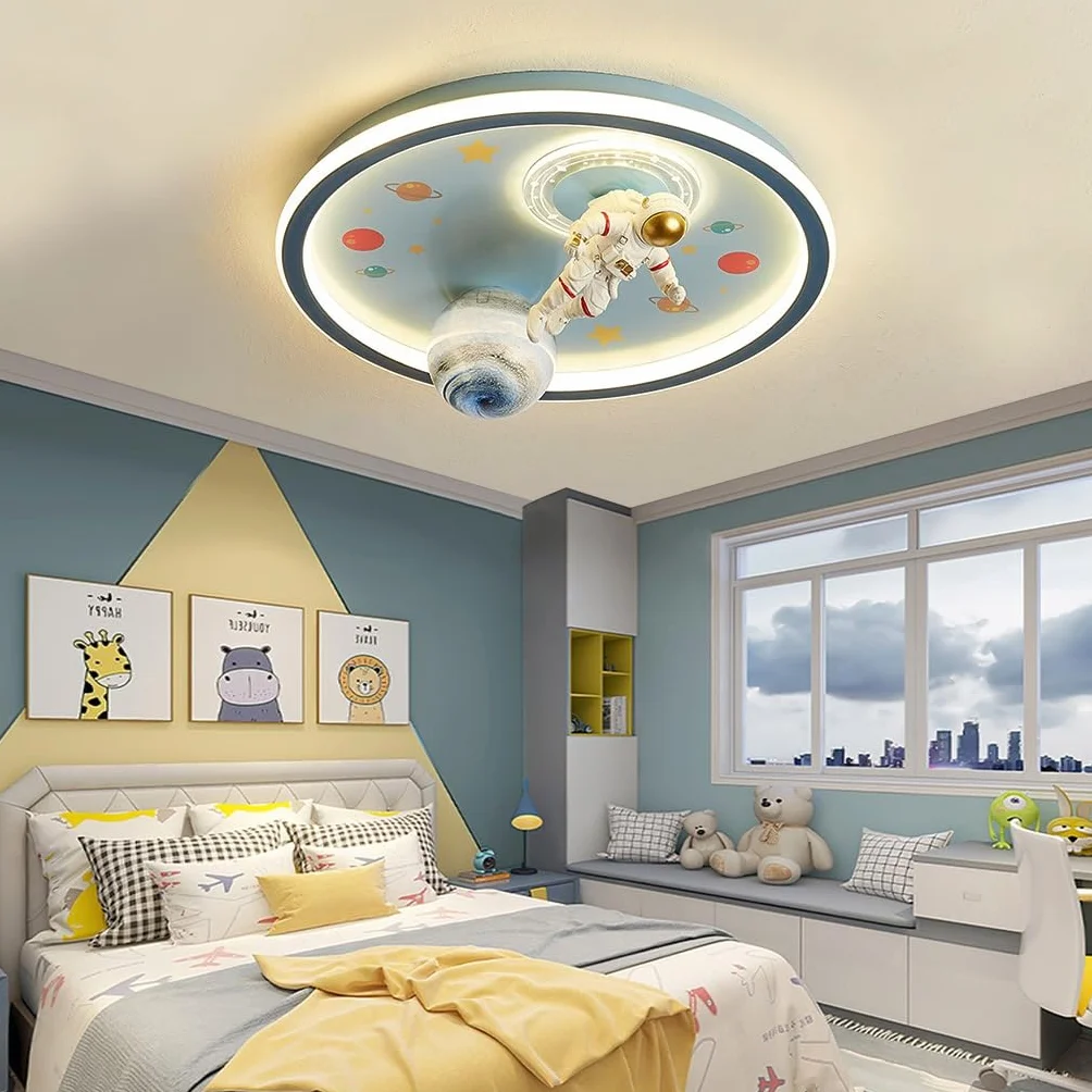 Lampa sufitowa LED do pokoju dziecięcego z kreskówek LED z pilotem dla dzieci astronauta Możliwość przyciemniania Lampa do pokoju dziecięcego szklany klosz chłopiec dziewczyna sypialnia pokój (