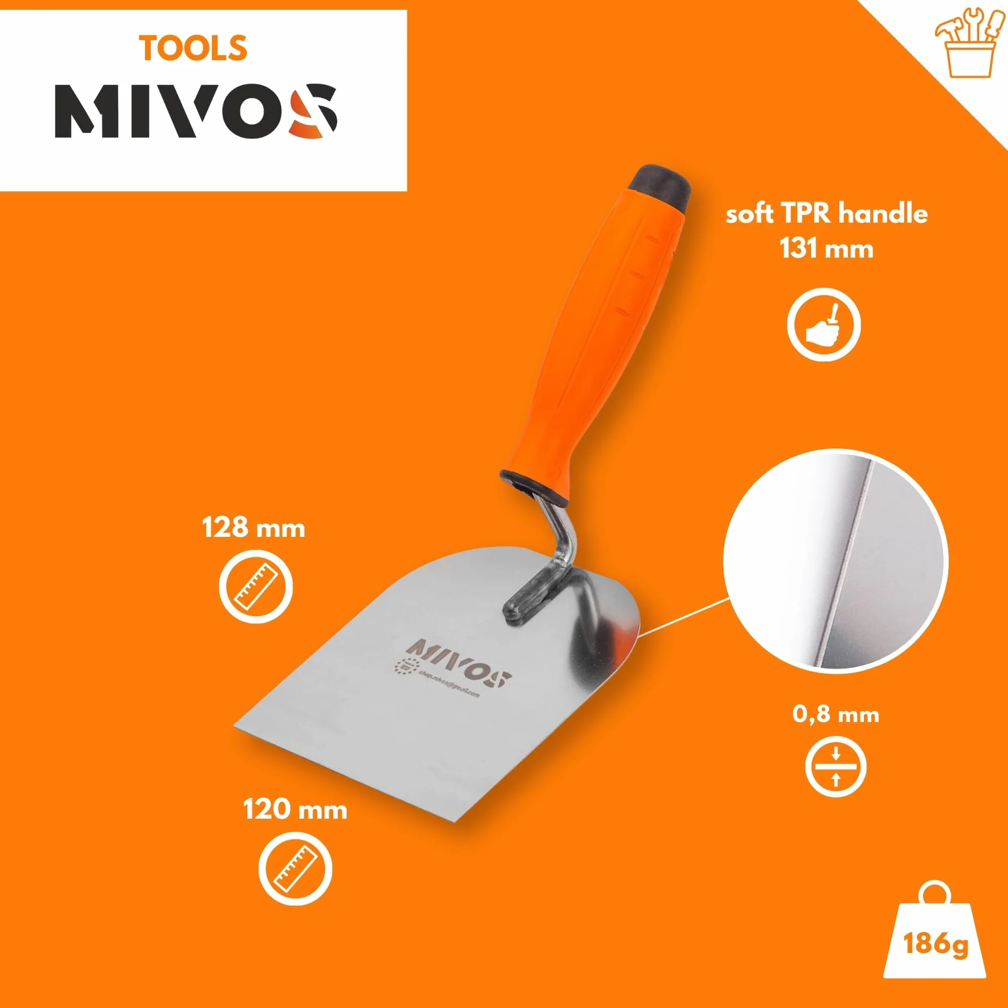 Mivos 4-częściowy zestaw kielni – 2 x kielnia narożna ze stali nierdzewnej 80 x 60 mm – kielnia sztukatorska 120 x 128 mm – kielnia trapezowa 160 x 75 mm – zestaw ze stali nierdzewnej – miękki uchwyt