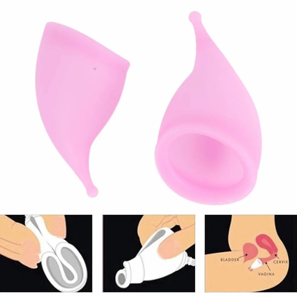 Kubek menstruacyjny, silikonowy damski kubek menstruacyjny wielokrotnego użytku, bezpieczny dla kobiet, damski kubek higieniczny (różowy duży + mały)