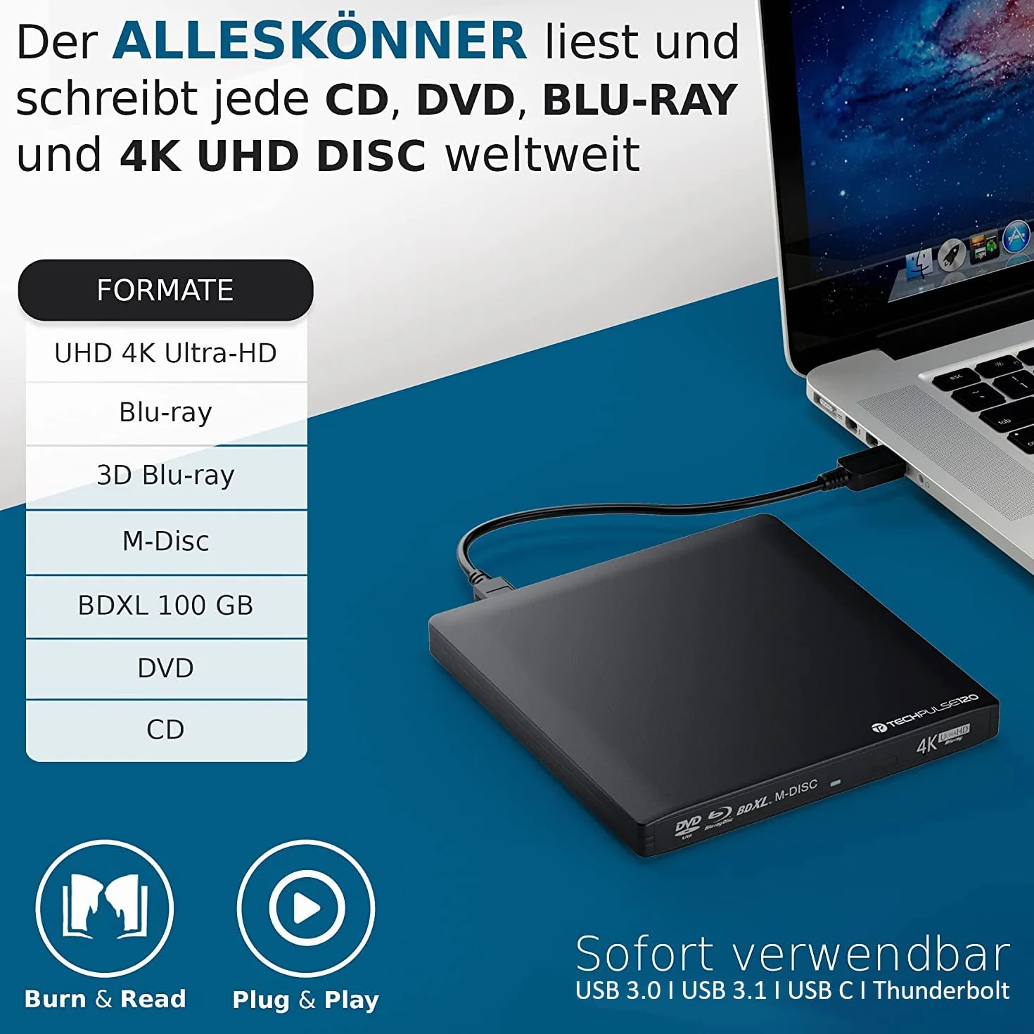 techPulse120 Zewnętrzna nagrywarka USB 3.1 USB-C UHD 4k 3D M-DISC Blu-ray DVD CD BDXL HDR10 128 GB nagrywarka Superdrive BD Imperator torba 90 cm kabel aluminiowy czarny