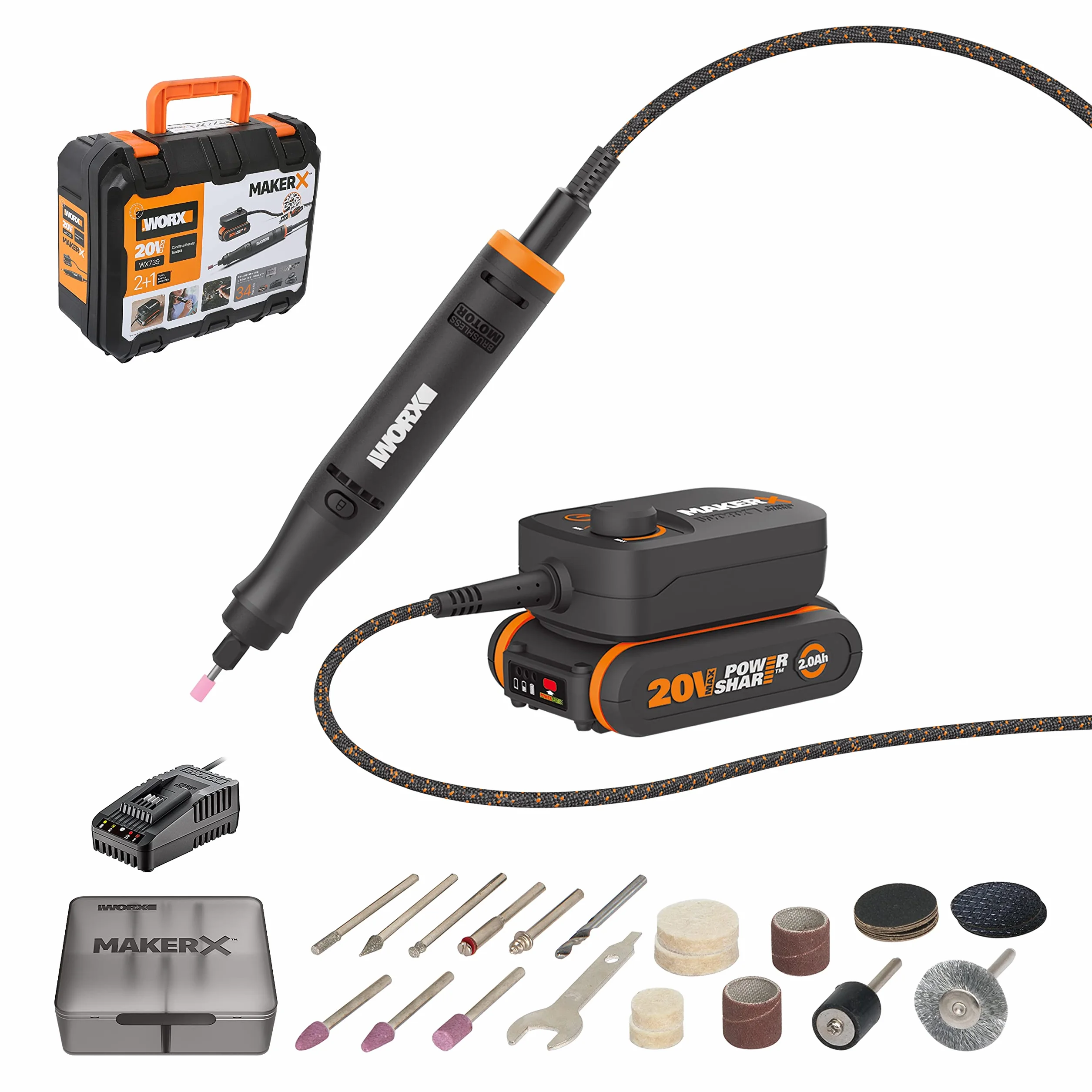 WORX MAKERX Bezprzewodowe Narzędzie obrotowe WX739 (w zestawie z: akumulator, ładowarka i koncentrator - zestaw 20 akcesoriów - prędkość 5000-35000 obr/min)