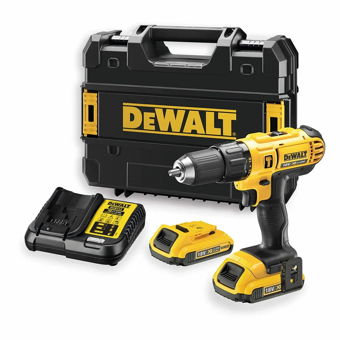DEWALT Nowoczesny Taladro percutor xr 18v 13mm 42nm z 2 akumulators li-ion 2ah i walizka tstak dla profesjonalistów i majsterkowiczów do pracy profesjonalnej 18v 13mm