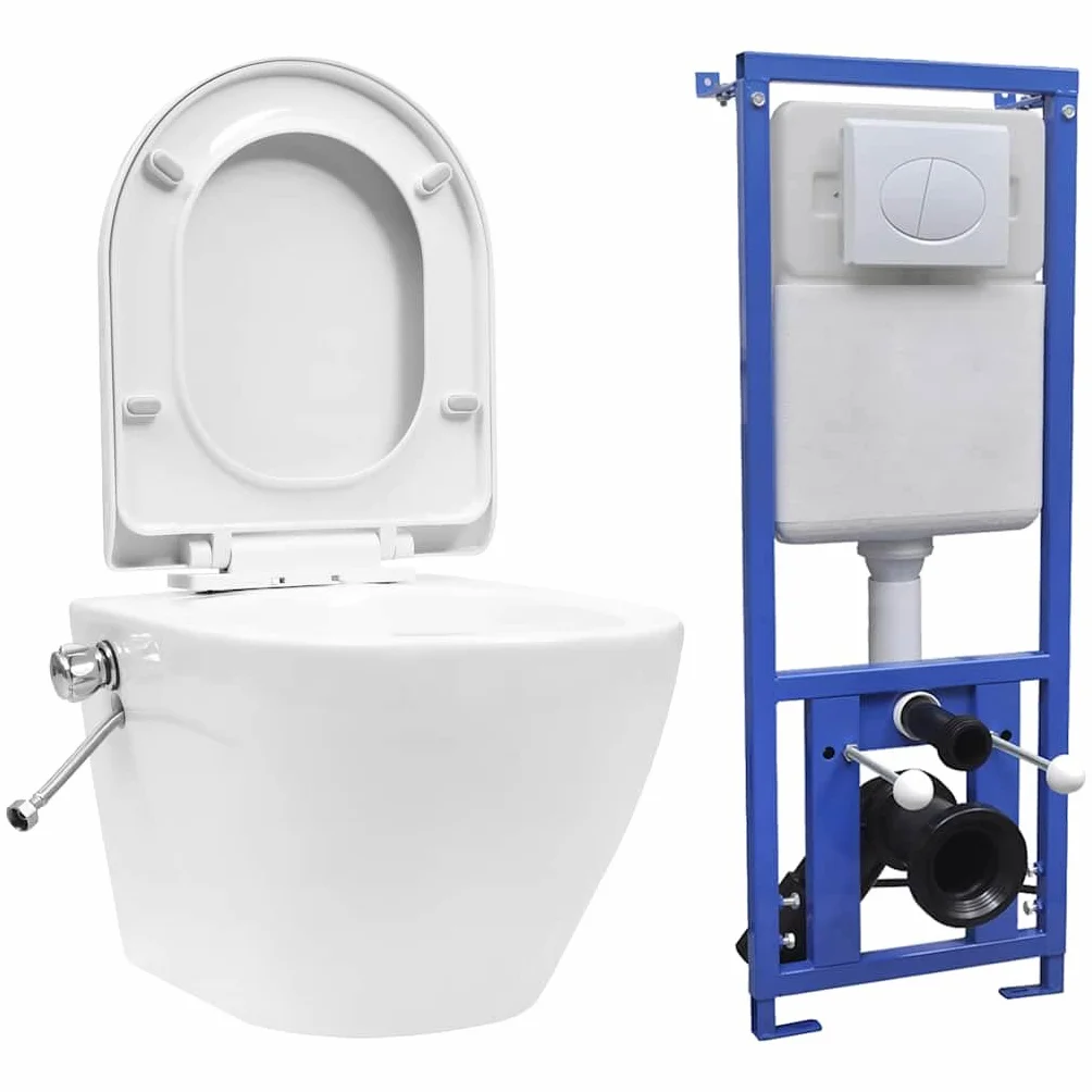 Toaleta ścienna bez krawędzi z białym ukrytym ceramicznym zbiornikiem, miękkie zamknięcie, ekonomiczne podwójne spłukiwanie 3-4,5L/6-9L, toaleta z wbudowaną dyszą bidetową, powierzchnia
