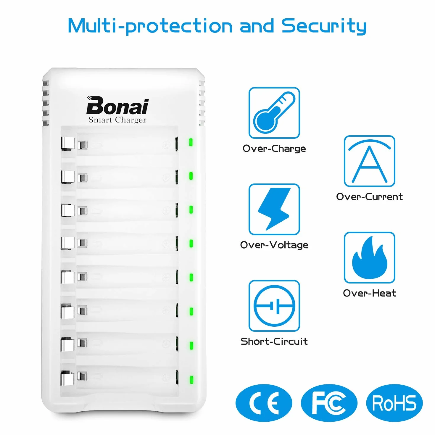BONAI Akumulatory AAA i 8-gniazdowa ładowarka z kablem USB – Zestaw