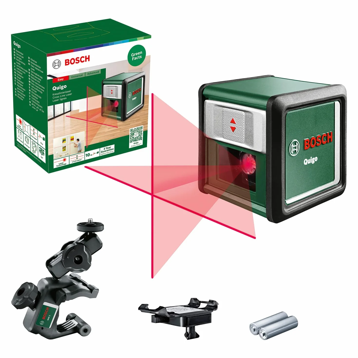 Bosch Laser krzyżowy Quigo z uchwytem MM 2 (łatwe i precyzyjne wyrównywanie elementów przy elastycznym pozycjonowaniu narzędzia dzięki zastosowaniu uniwersalnego uchwytu, opakowanie kartonowe)