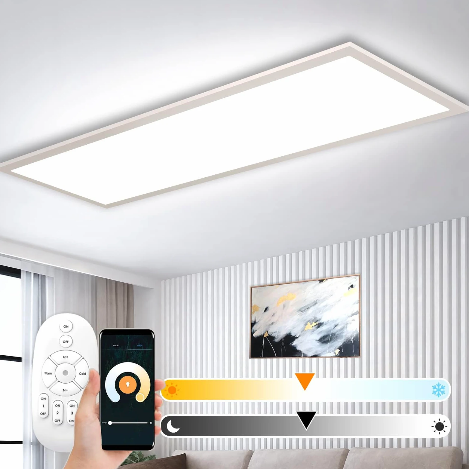 Lampa sufitowa LED, możliwość ściemniania, 120 x 30 cm, WIFI TUYA, super jasna lampa panelowa, 40 W, inteligentne oświetlenie 2700 K, 6500 K, do biura, salonu, kuchni, garażu, pokoju dziecięcego