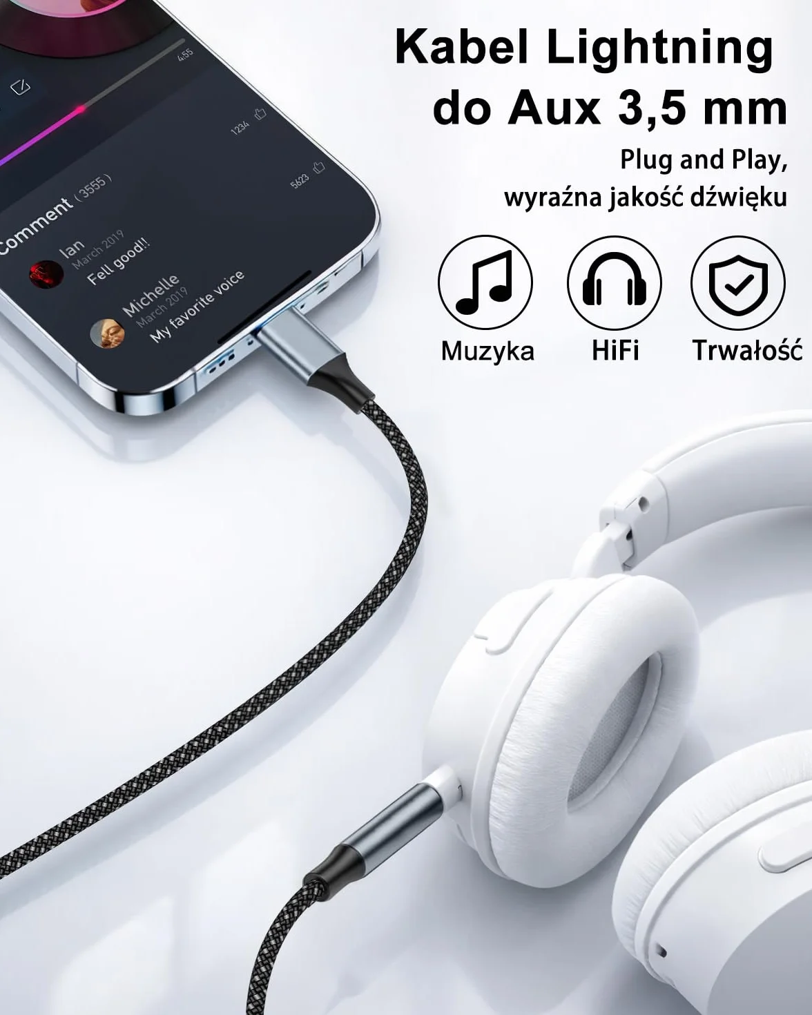 Kabel Aux iPhone 1M MFi Lightning do 3,5 mm męski Jack Adapter Słuchawki Audio Cable kompatybilny z iPhone 14/13/12/11/X/8/7