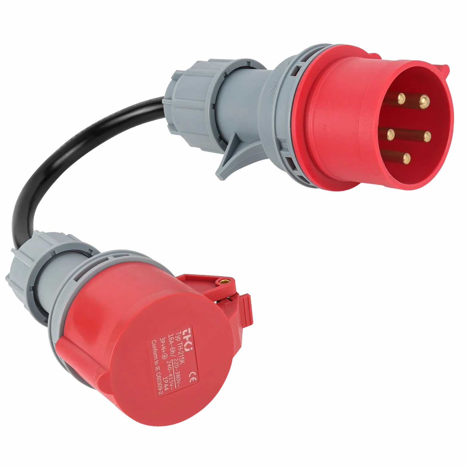Adapter CEE, wtyczka 32 A (22 kW) na złącze 16 A (11 kW), 5-biegunowy, 400 V, długość 50 cm, stopień ochrony IP44, gumowy wąż