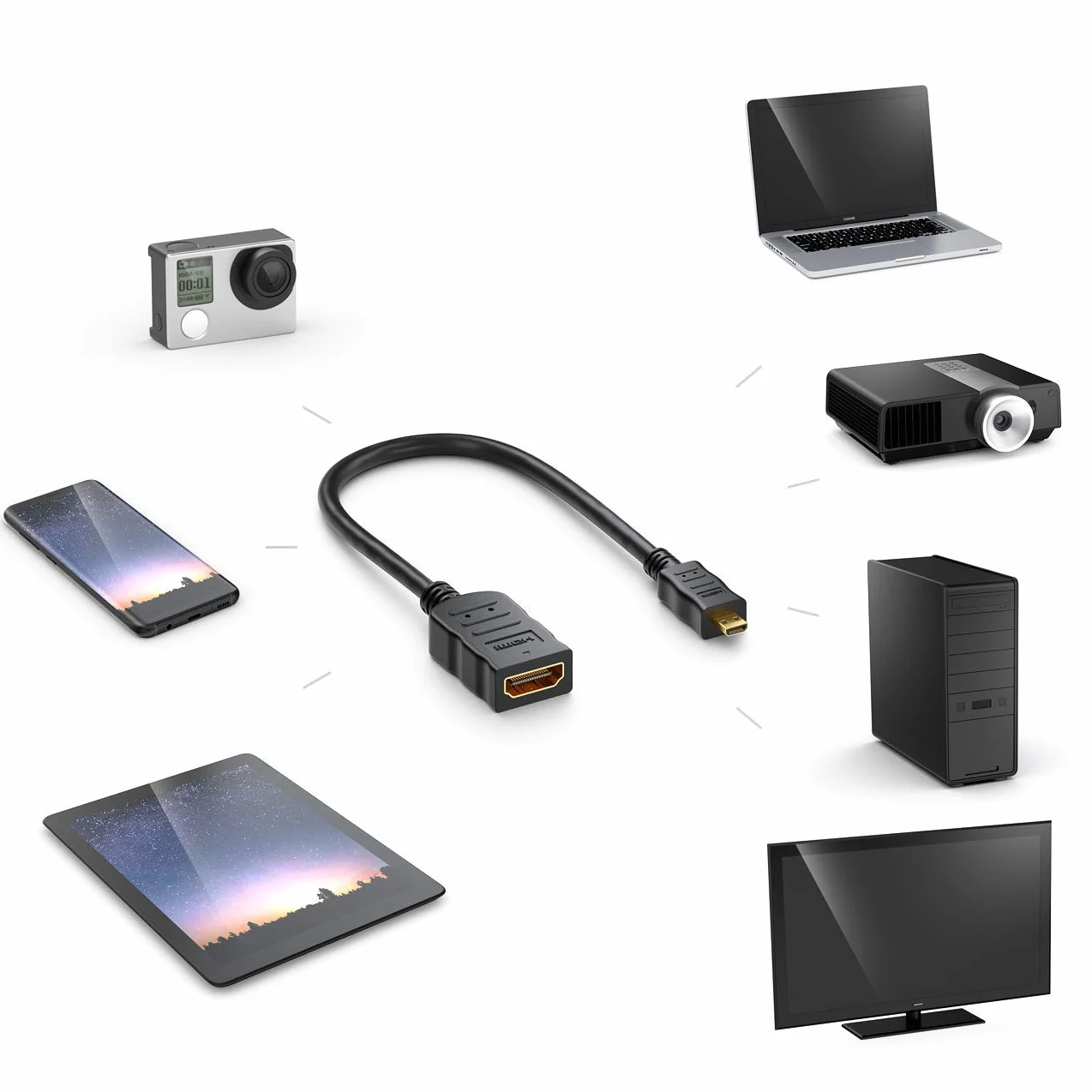 deleyCON 10cm Micro HDMI Adapter Kabel Portsaver Micro-HDMI Wtyk na Gniazdo HDMI 4K UHD 2160p