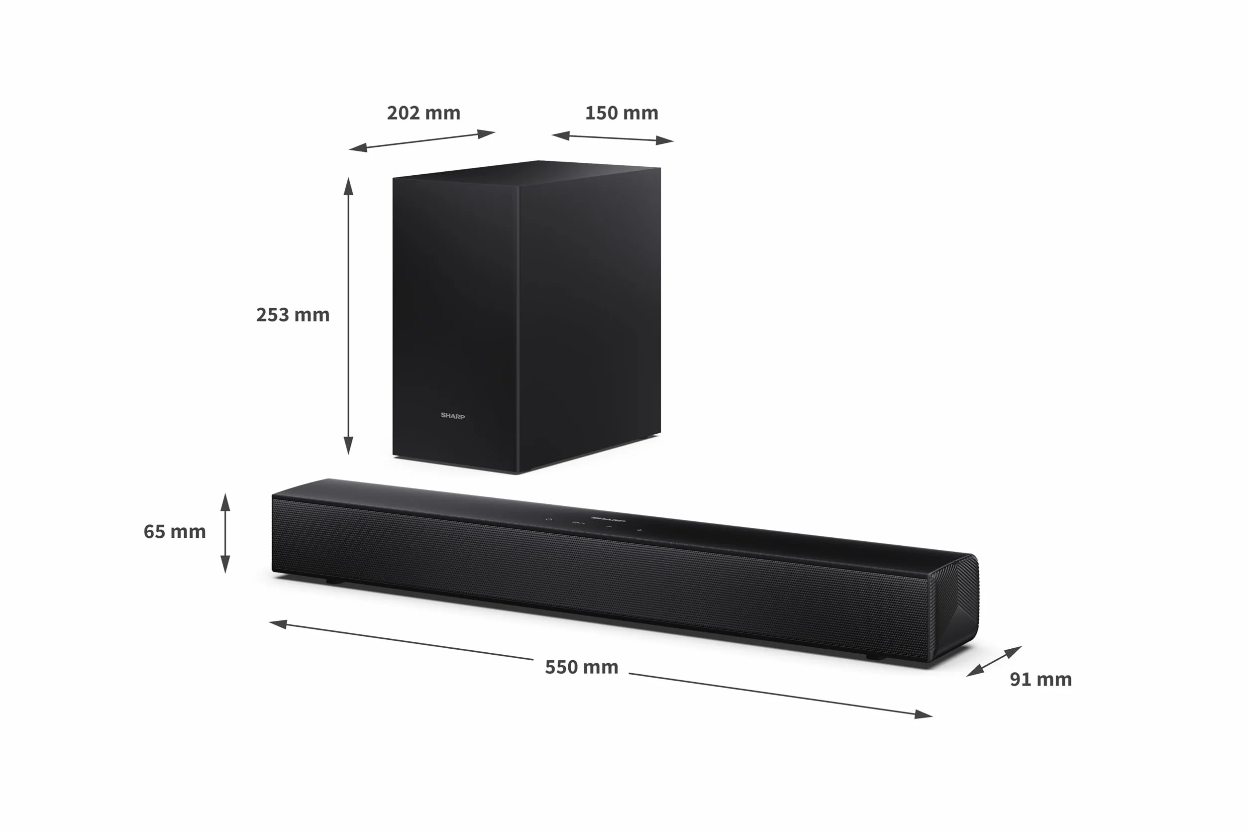 Sharp HT-SBW121 Soundbar 2.1 Slim z bezprzewodowym subwooferem, Bluetooth z HDMI ARC/CEC, 240W, cyfrowy optyczny dźwięk, AUX, USB Playback, 55 cm, kolor czarny
