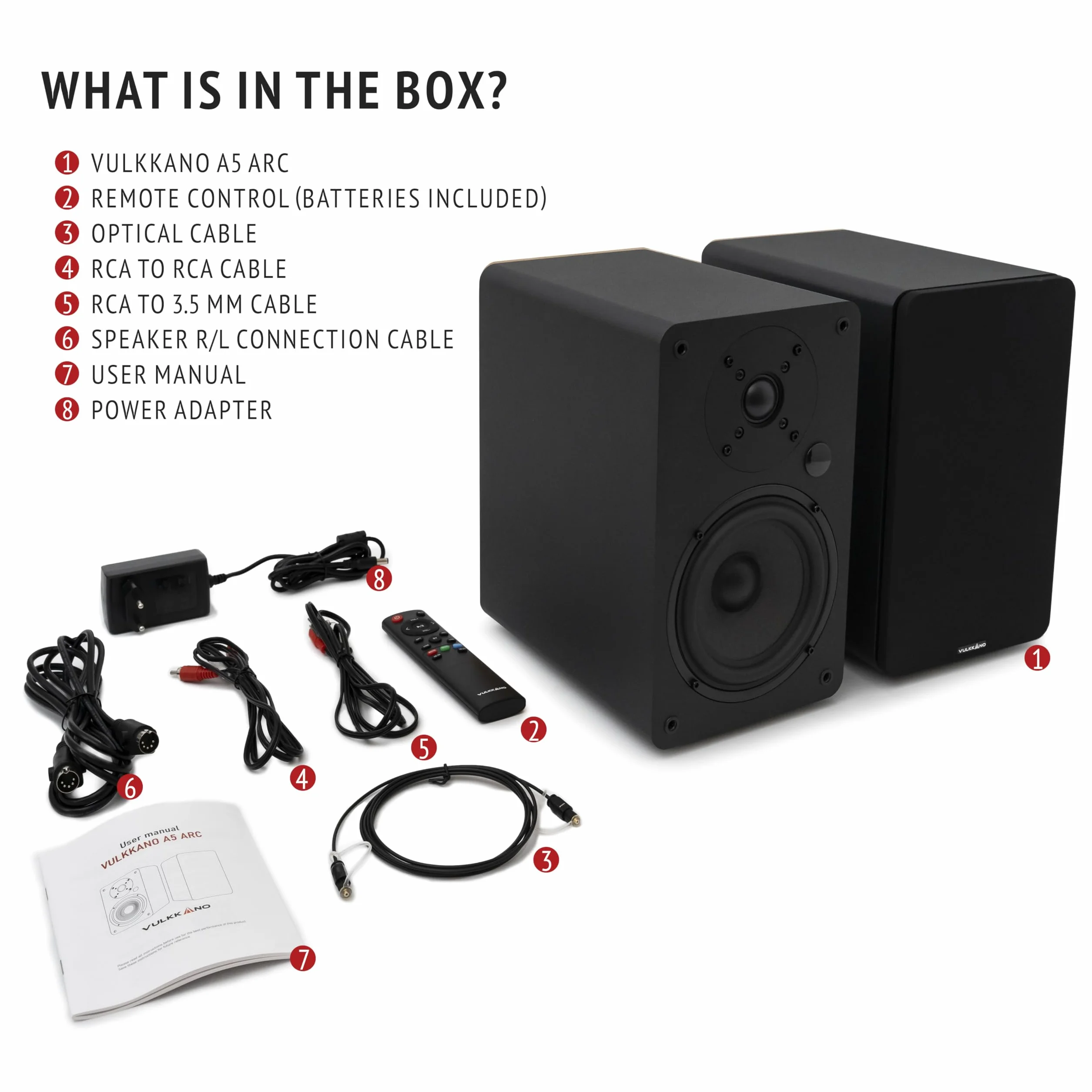 VULKKANO A5 ARC Głośniki Półkowe z głośnikiem niskotonowym 5,25", Bluetooth 5.0, HDMI ARC, Optica, RCA, USB, z wyjściem subwoofera, aktywne głośniki regałowy o eleganckim wzornictwie, Czarny