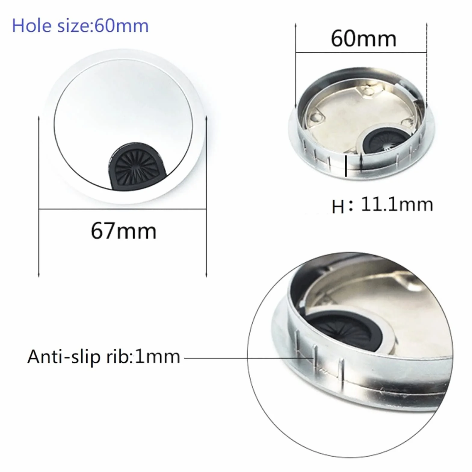 Przelotka na biurko, przelotka kabel 5 sztuk/partia stolik pod komputer wylot sprzęt meblowy ze stopu cynku pokrywa otworu przewód(Silver,50mm)