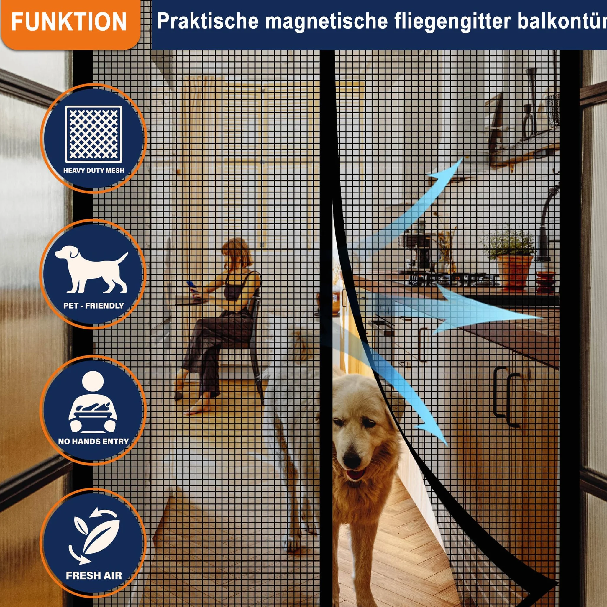 DIKER Magnetyczna moskitiera na drzwi balkonowe, żaroodporna moskitiera 90x200cm, ochrona przed owadami na drzwi balkonowe, moskitiera z włókna szklanego na drzwi balkonowe i wewnętrzne, bez wiercenia