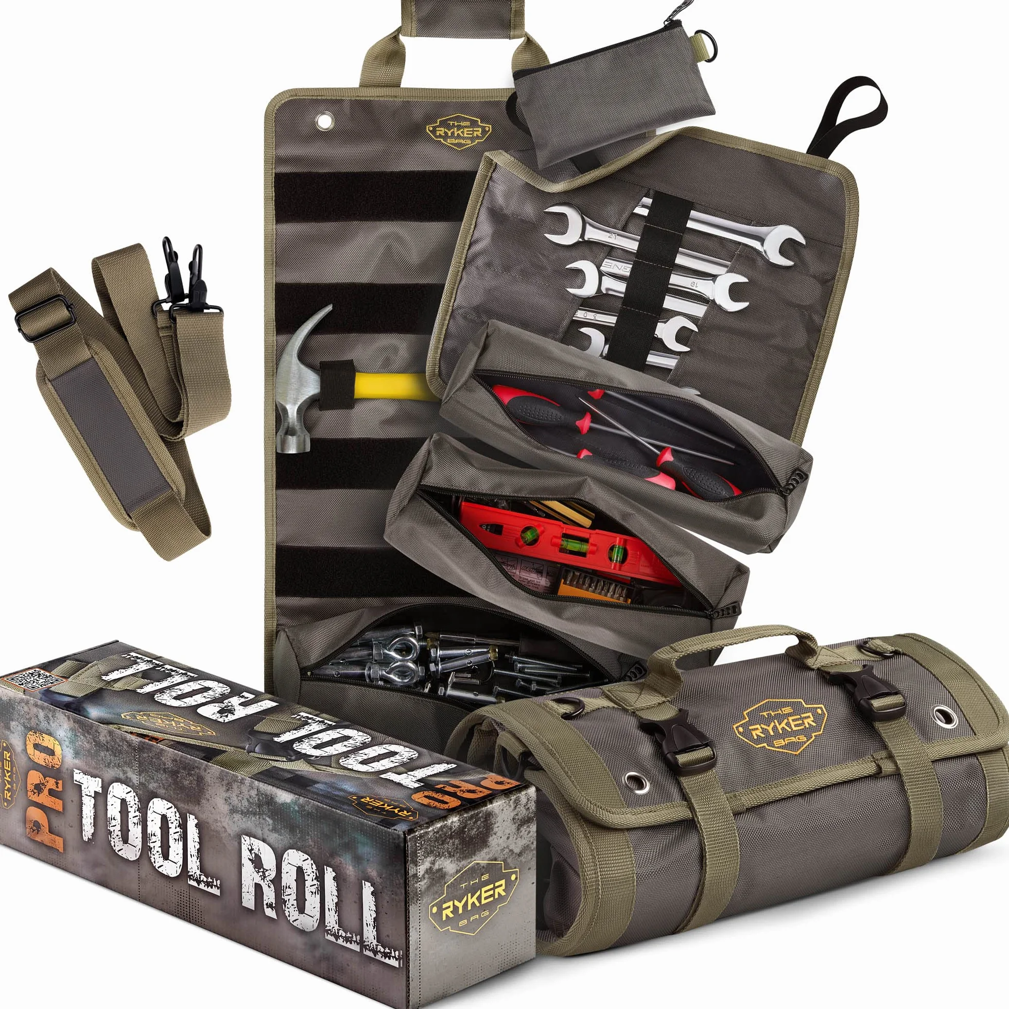 The Ryker Bag PRO Oficjalny organizer na narzędzia – 4 odpinane woreczki na narzędzia + organizer na klucze, wytrzymałe torby na narzędzia dla mężczyzn + kobiet, zwijana torba na narzędzia dla