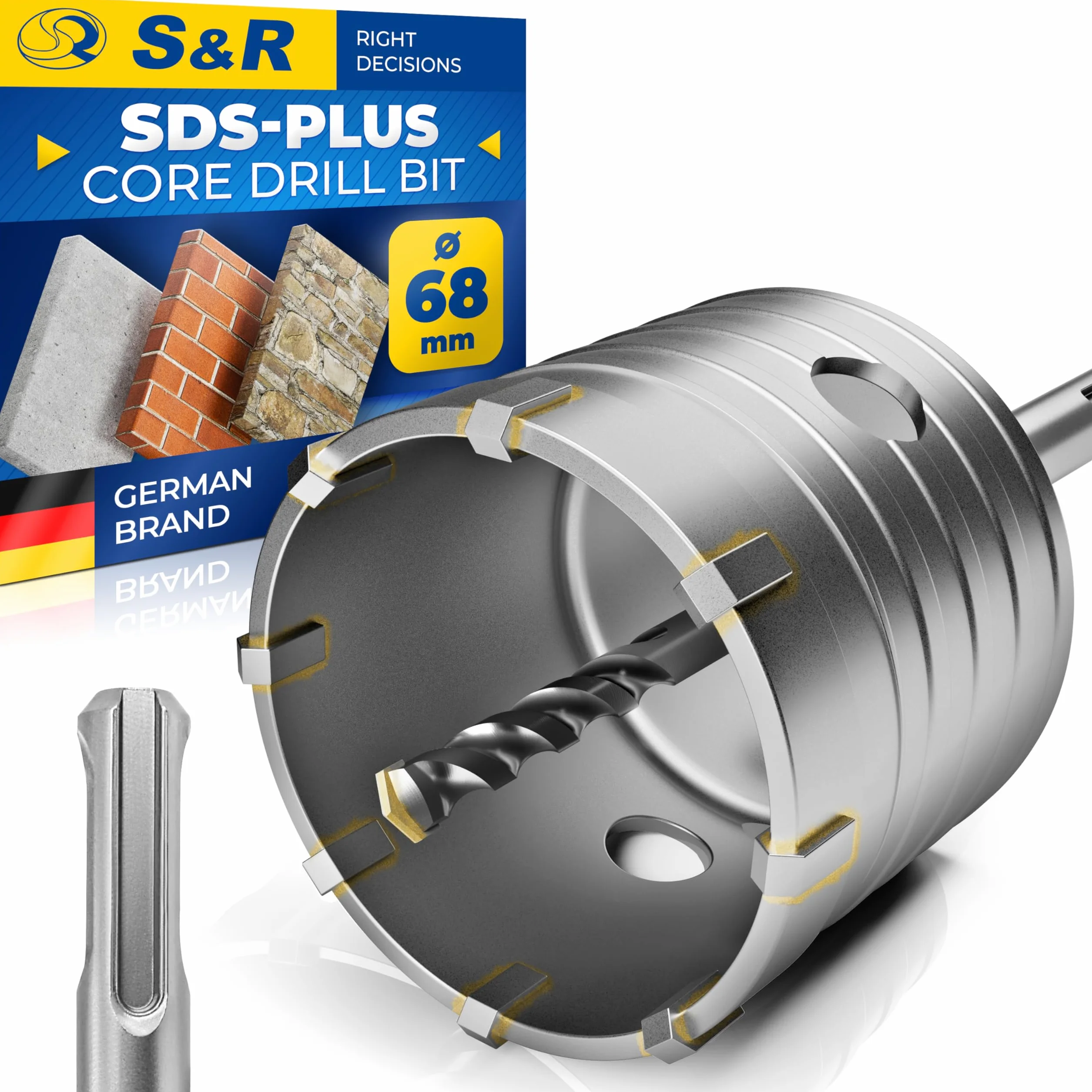 S&R Zestaw wierteł rdzeniowych / betonowych do otworów Ø 68 mm + adapter SDS PLUS + wiertło centrujące 8 x 110 mm
