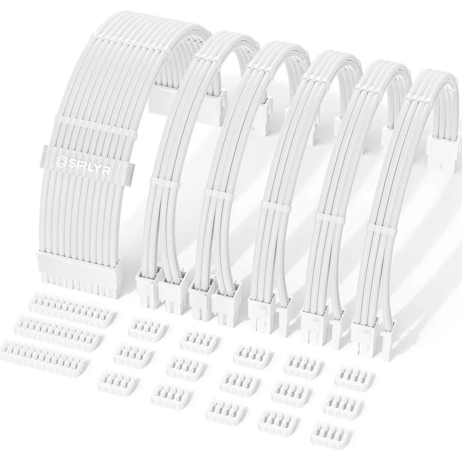 Sirlyr Białe kable zasilacza, łatwe zarządzanie przedłużacz kabla zasilającego Mod - 1x24Pin ATX / 2x8 (4+4) Pin EPS / 3x8 (6+2) Pin Pozłacany GPU, Nylonowa osłona, pełna biała obudowa PC, 6 zestawów