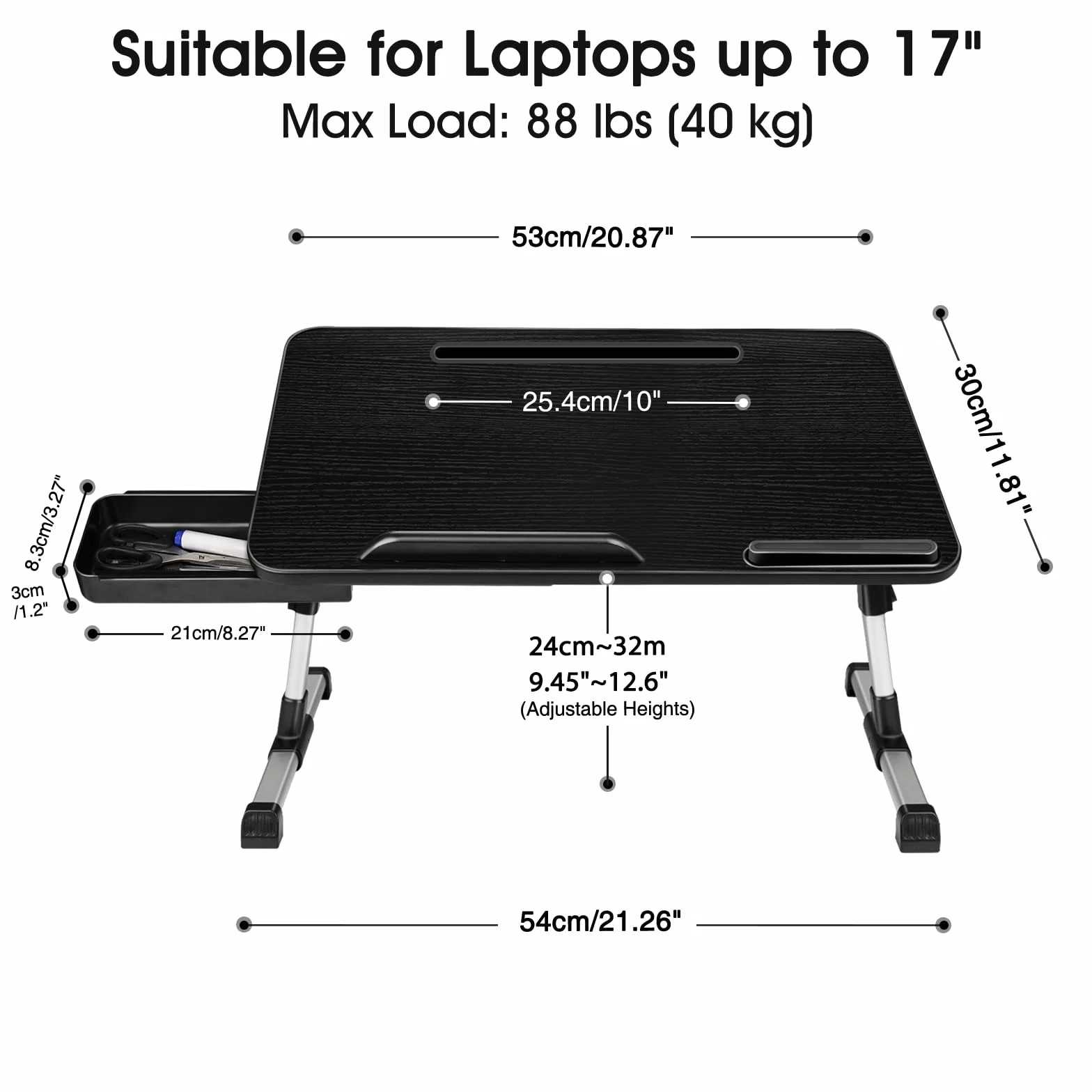 Stolik do Laptopa do łóżka, Regulowana Wysokość i Kąt, Składany, Z Szufladą, Stojakiem na Tablet, Może być Używany w łóżku, na Kanapie, na Podłodze (53 x 30 cm, Czarny)