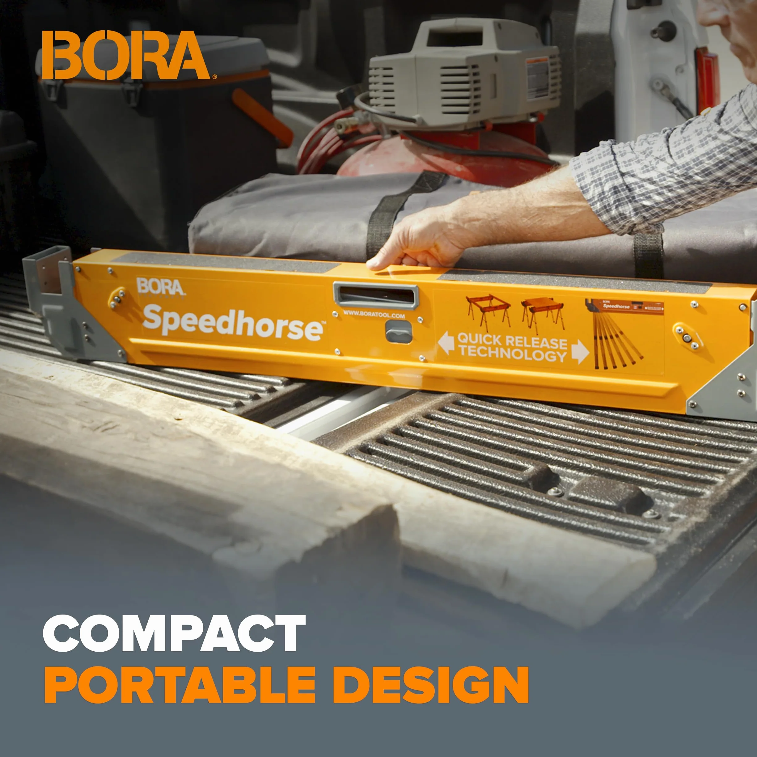 Bora PORTAMATE Speedhorse PM-4500T dwupak, 30 x szybsza natychmiastowa konfiguracja, niesekwencyjne składanie nóg, nośność 1633 kg na parę, metalowy blat na 2 x 4 cm, wytrzymała, profesjonalna piła