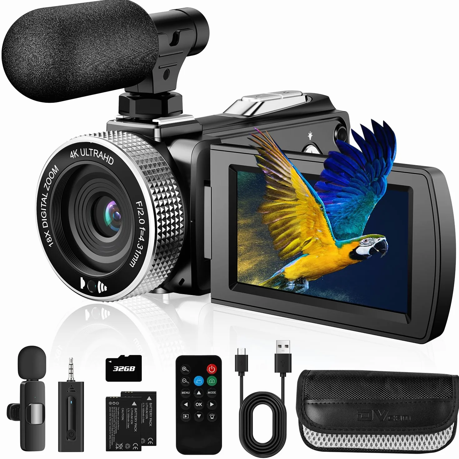 Kamera wideo 4K 48MP Zdjęcie/rejestrator wideo 4K 60FPS, kamera cyfrowa do Youtube Vlogging z mikrofonem bezprzewodowym/karta SD/2 baterów/pilot zdalnego sterowania